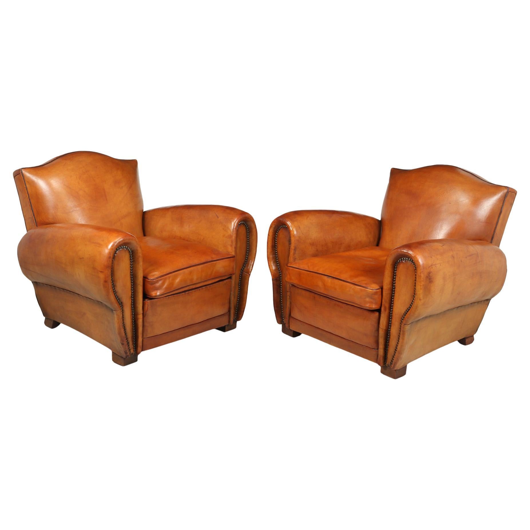 Pair of French Leather Club Armchairs, 1940