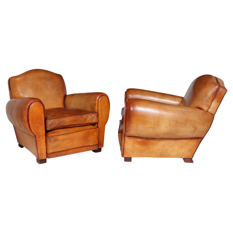 Pair of French Leather Club Chairs, circa 1930 For Sale at 1stDibs