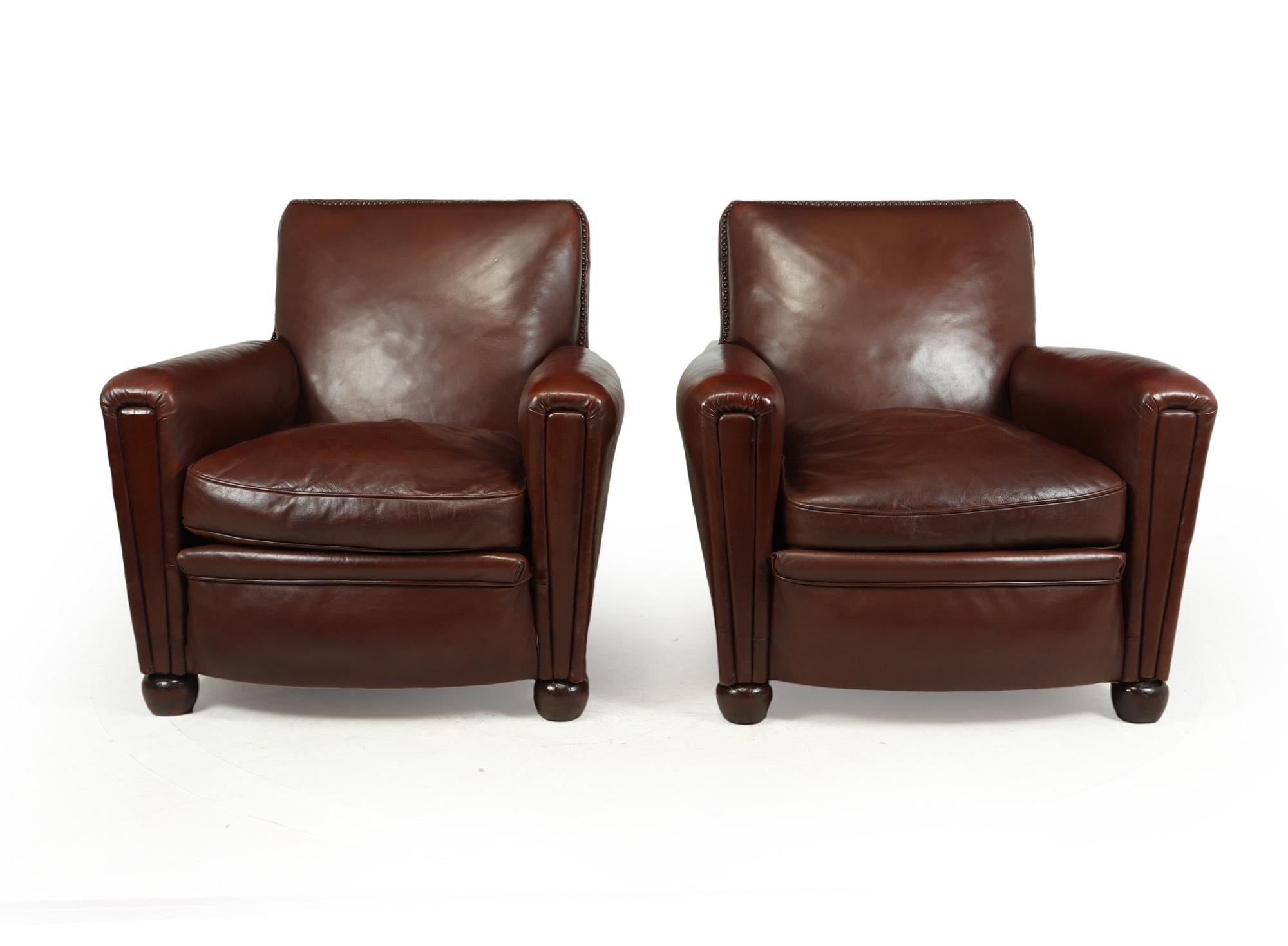 Pair of French leather club chairs, c1940
An extremely well looked after and preserved pair of leather club chairs produced in France in the 1940’s, the original leather has a warm chestnut colour and is in excellent supple condition, it has one