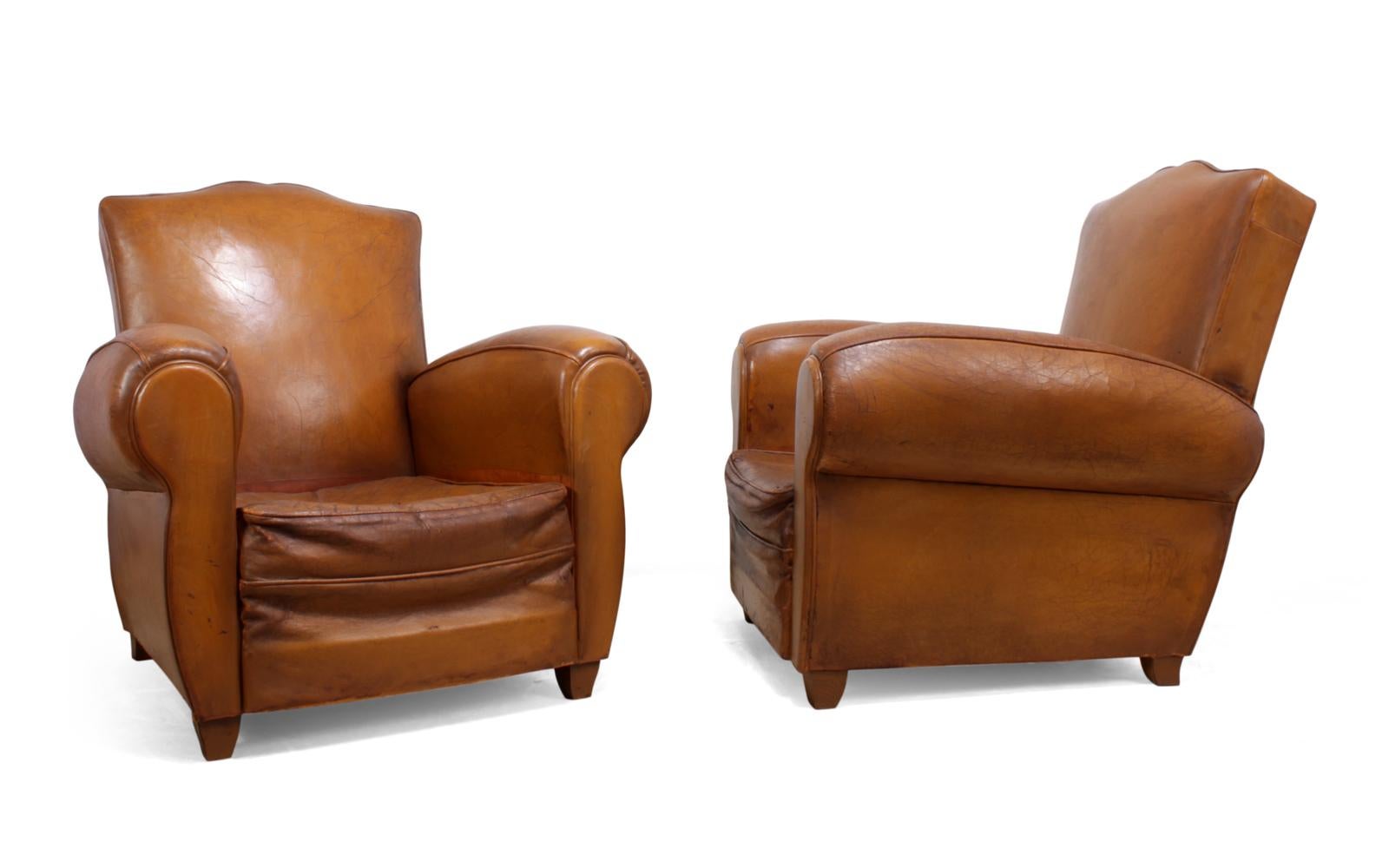 Pair of French Leather Club Chairs, circa 1940 In Excellent Condition In Paddock Wood, Kent