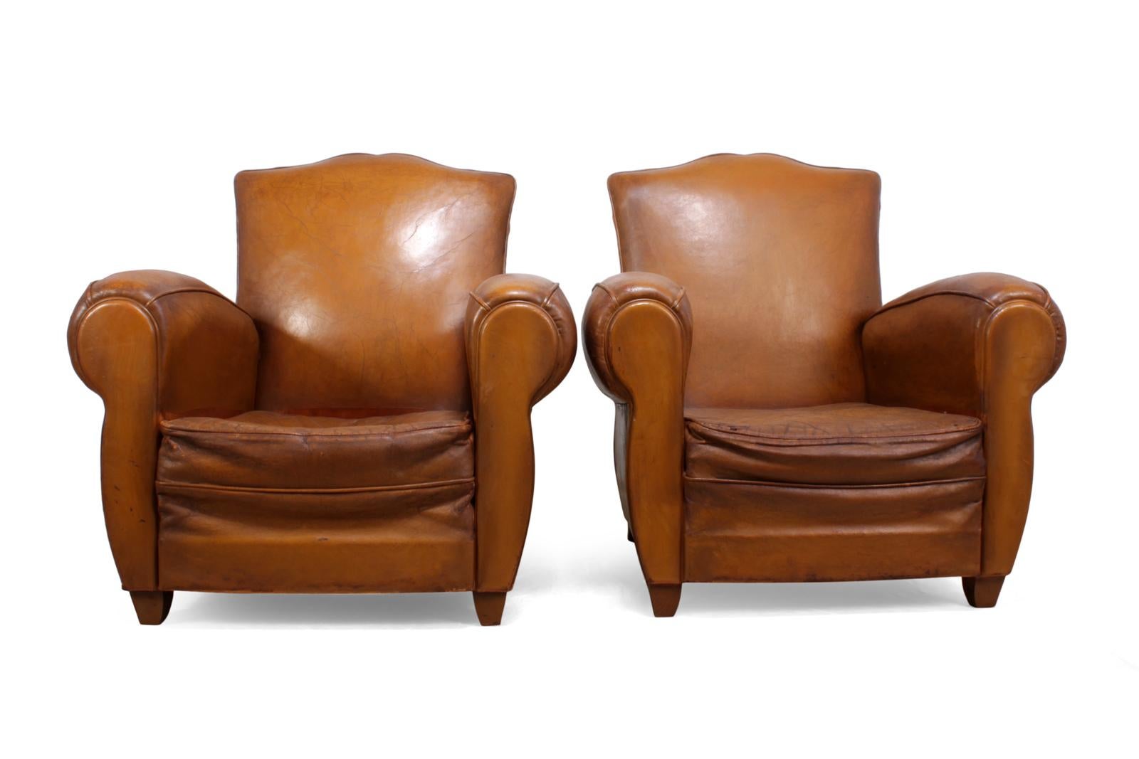 Mid-20th Century Pair of French Leather Club Chairs, circa 1940