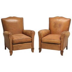 Pair of French Leather Club Chairs, Completely All Original Leather