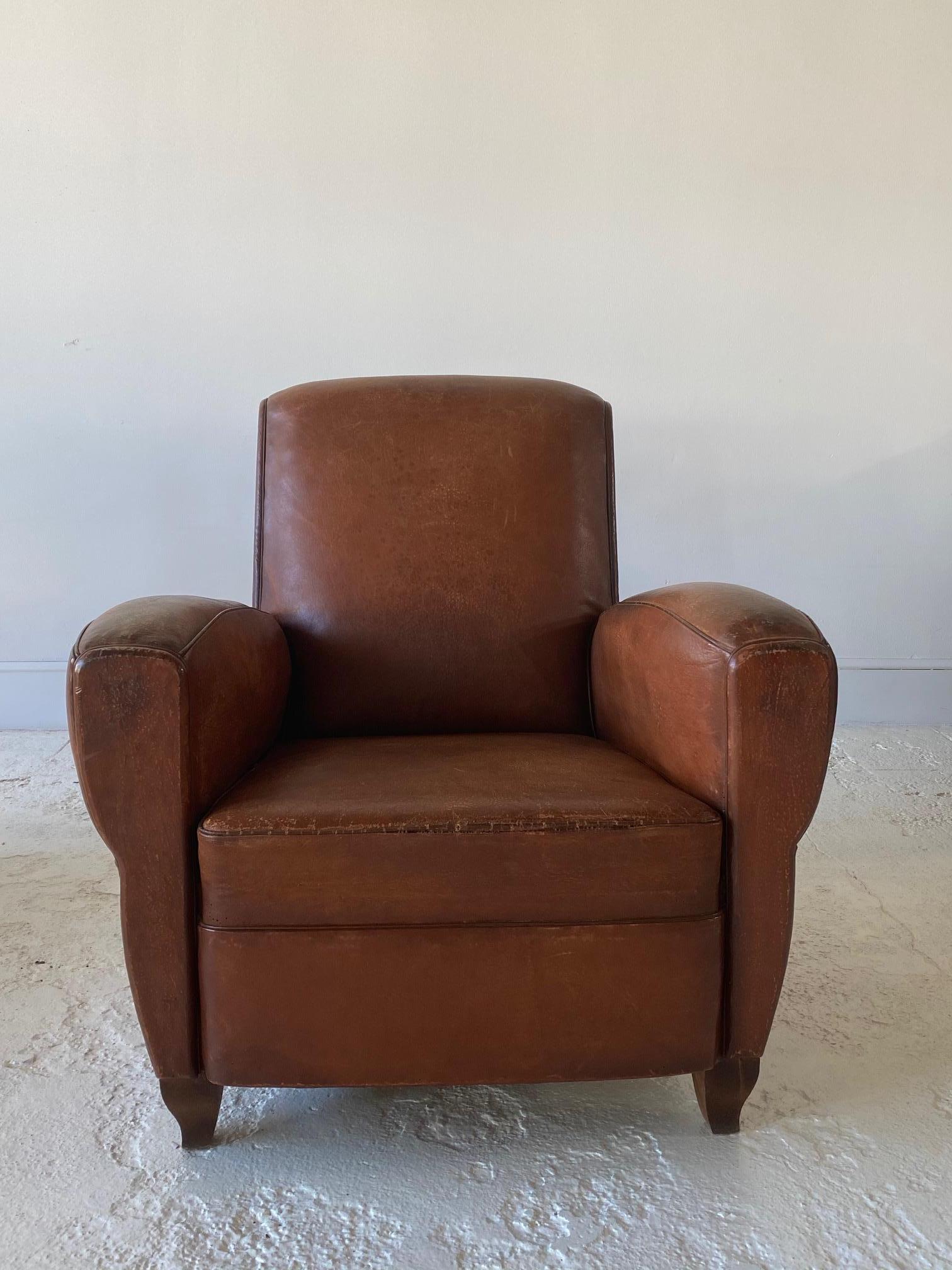 Pair of French Leather Club Chairs In Good Condition In Los Angeles, CA