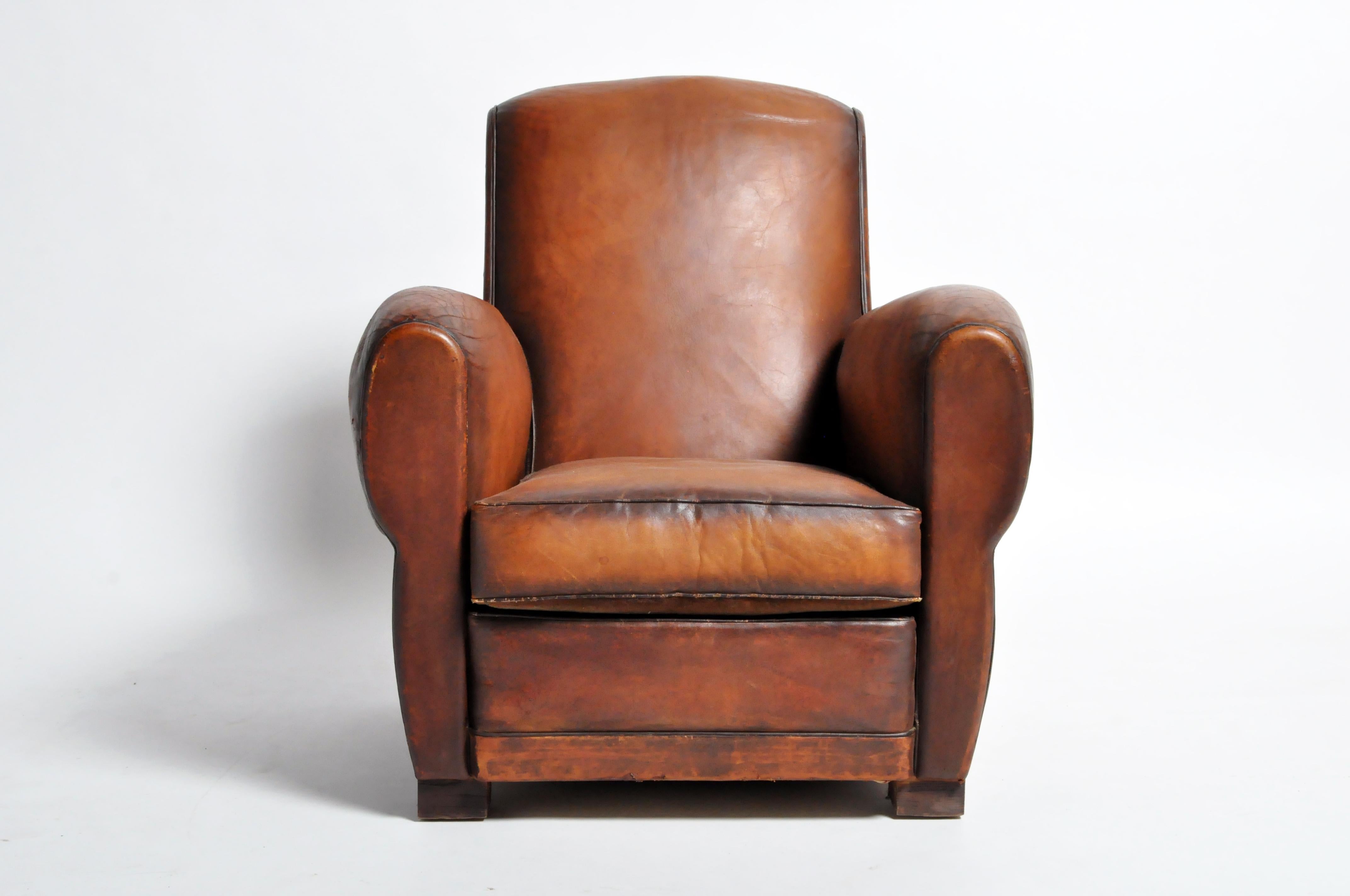 Pair of French Leather Club Chairs In Good Condition In Chicago, IL