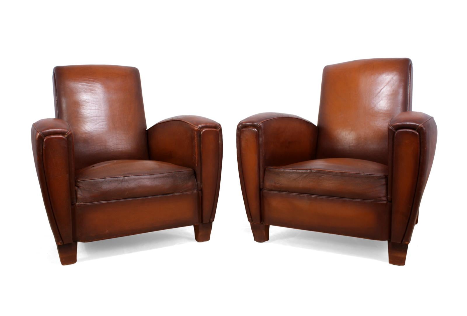 Pair of French Leather Club Chairs In Excellent Condition In Paddock Wood, Kent