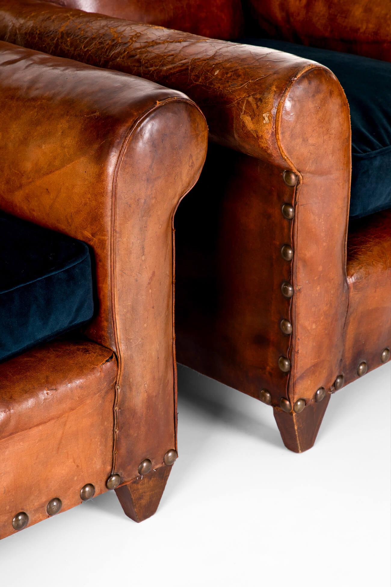 Hand-Crafted Pair of French Leather Club Chairs