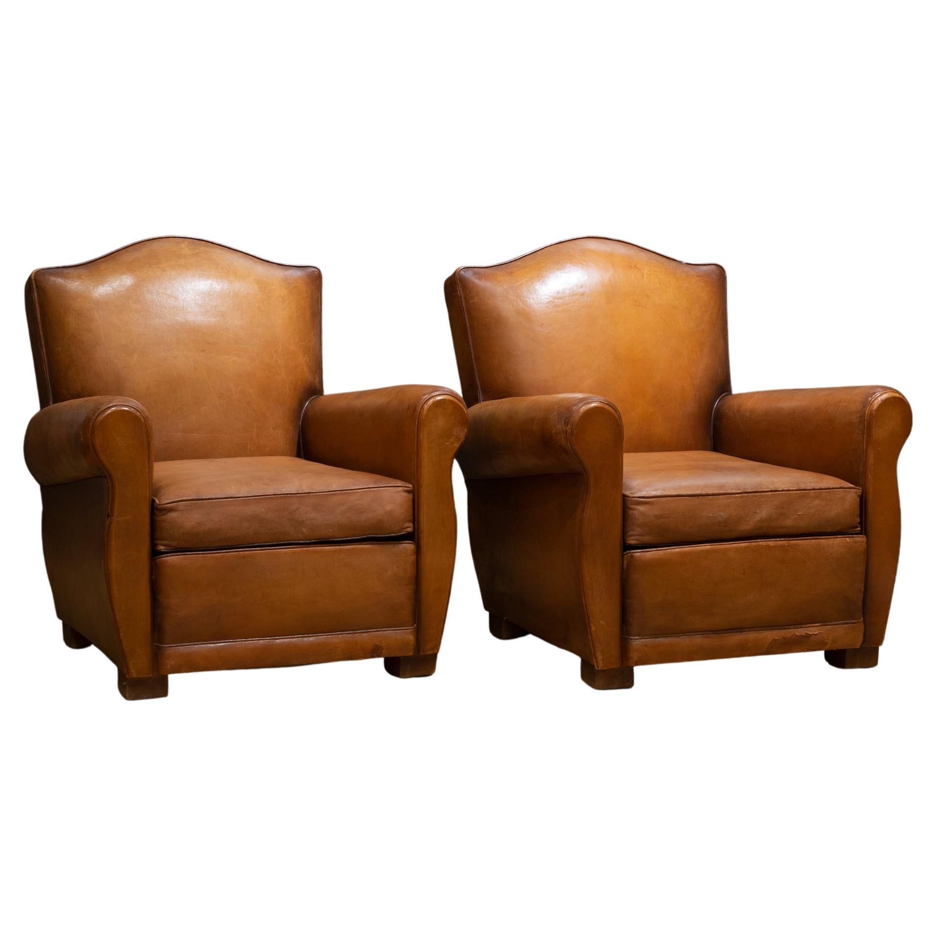 Pair of French Mustache Back Leather Club Chairs at 1stDibs