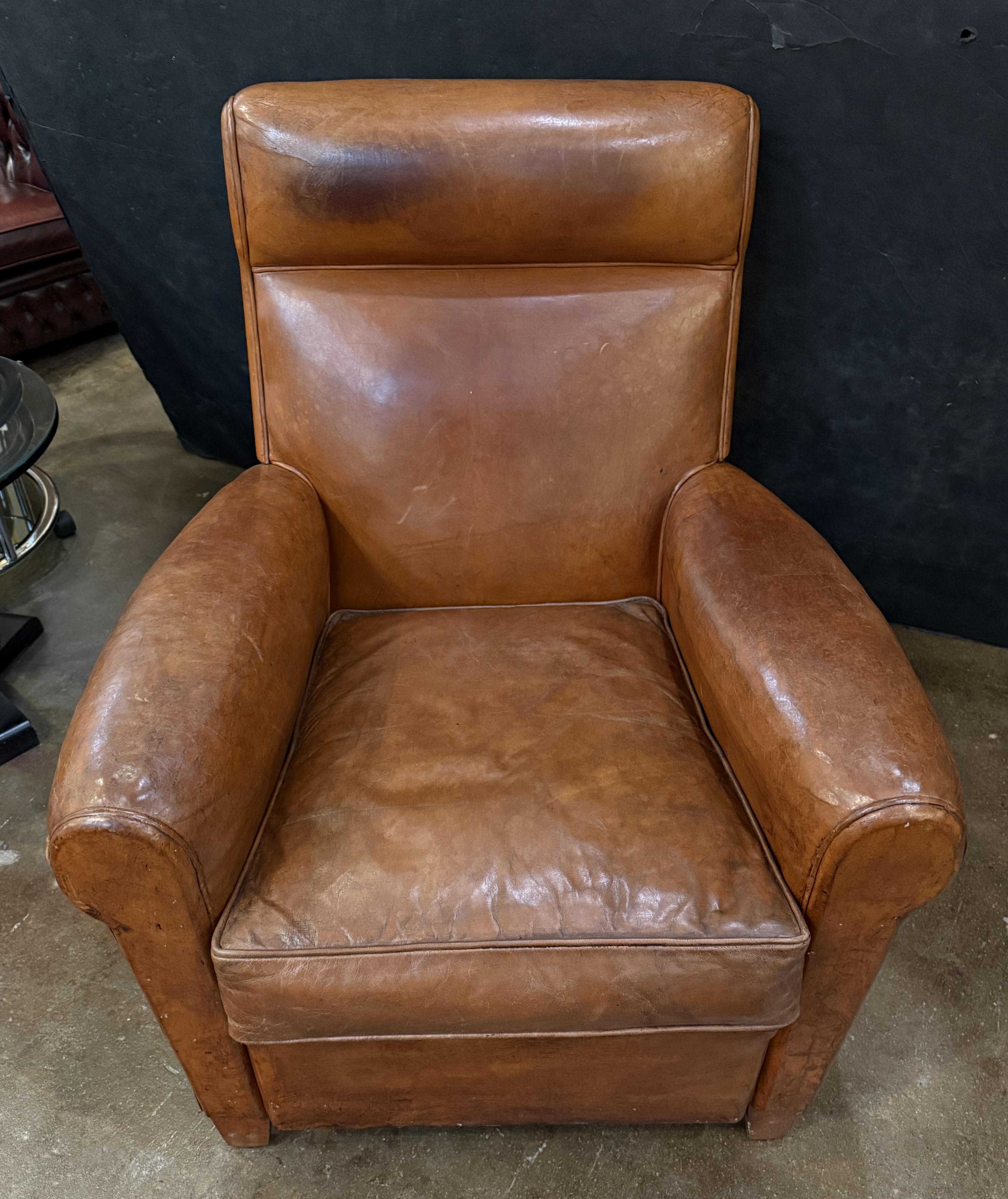 Pair of French Leather Club or Lounge Chairs from the Art Deco Era For Sale 3