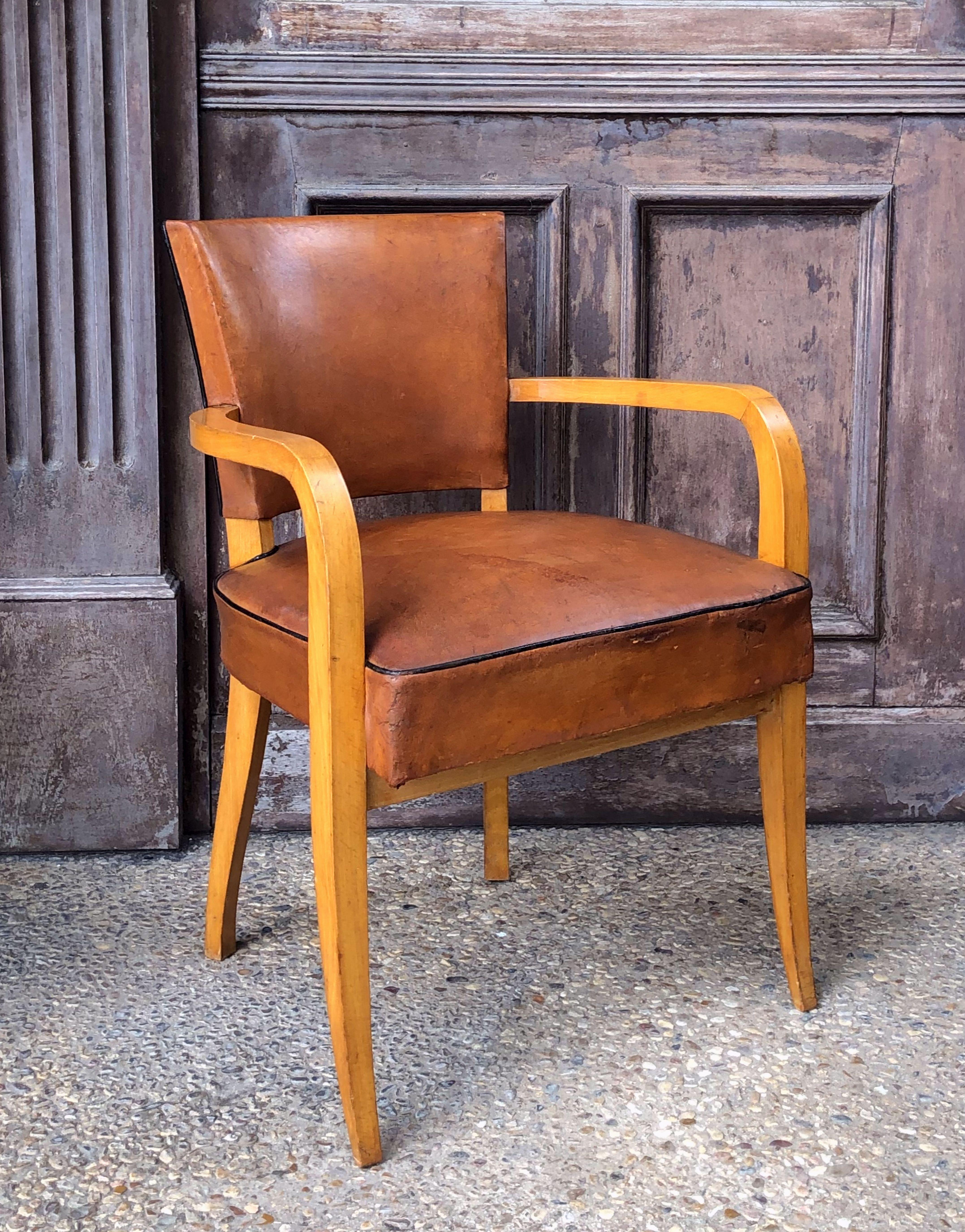 Pair of French Leather Covered Bridge Chairs 'Individually Priced' In Good Condition In Austin, TX