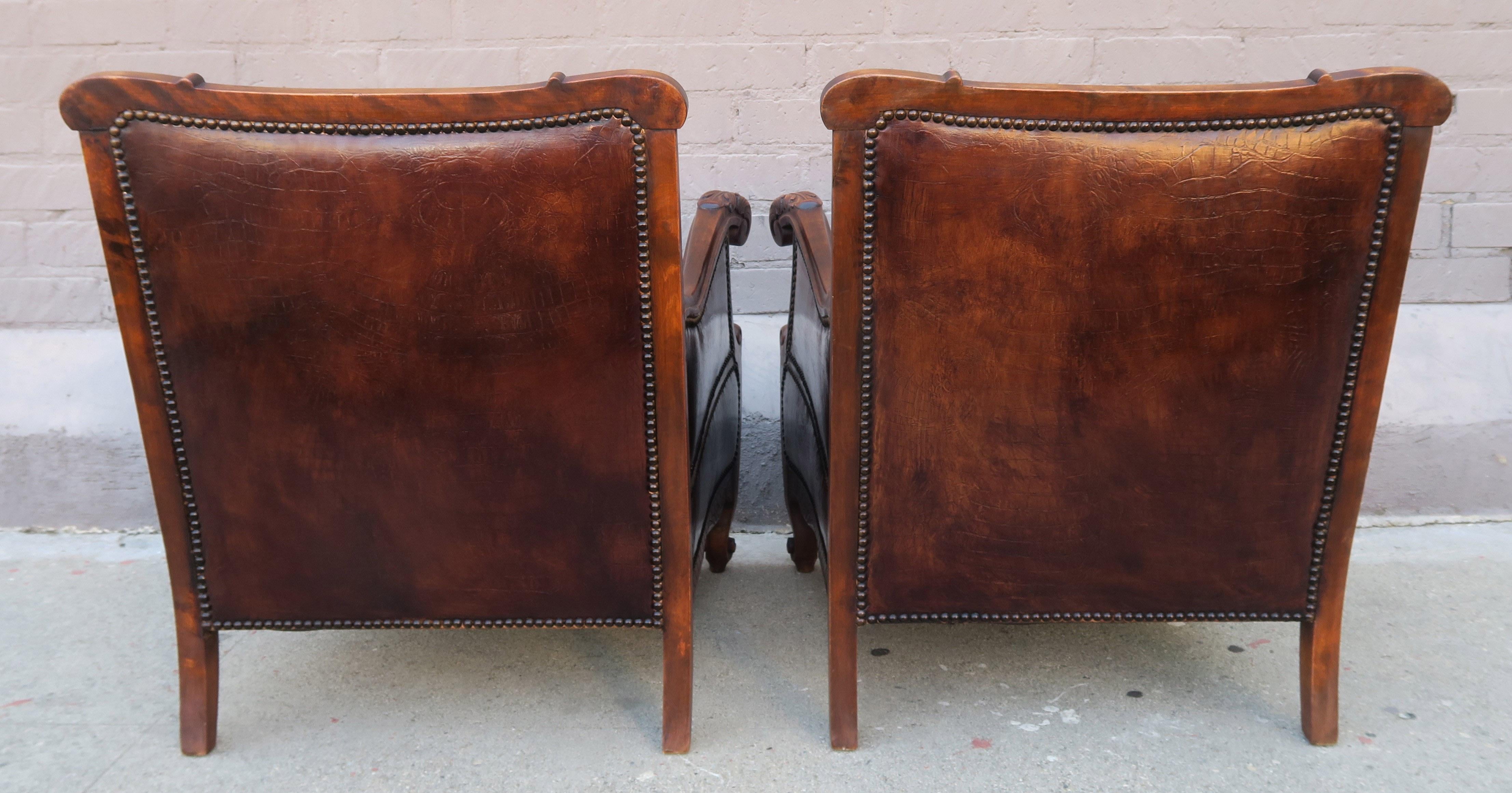 Pair of French Leather Embossed Armchairs, circa 1930s 3