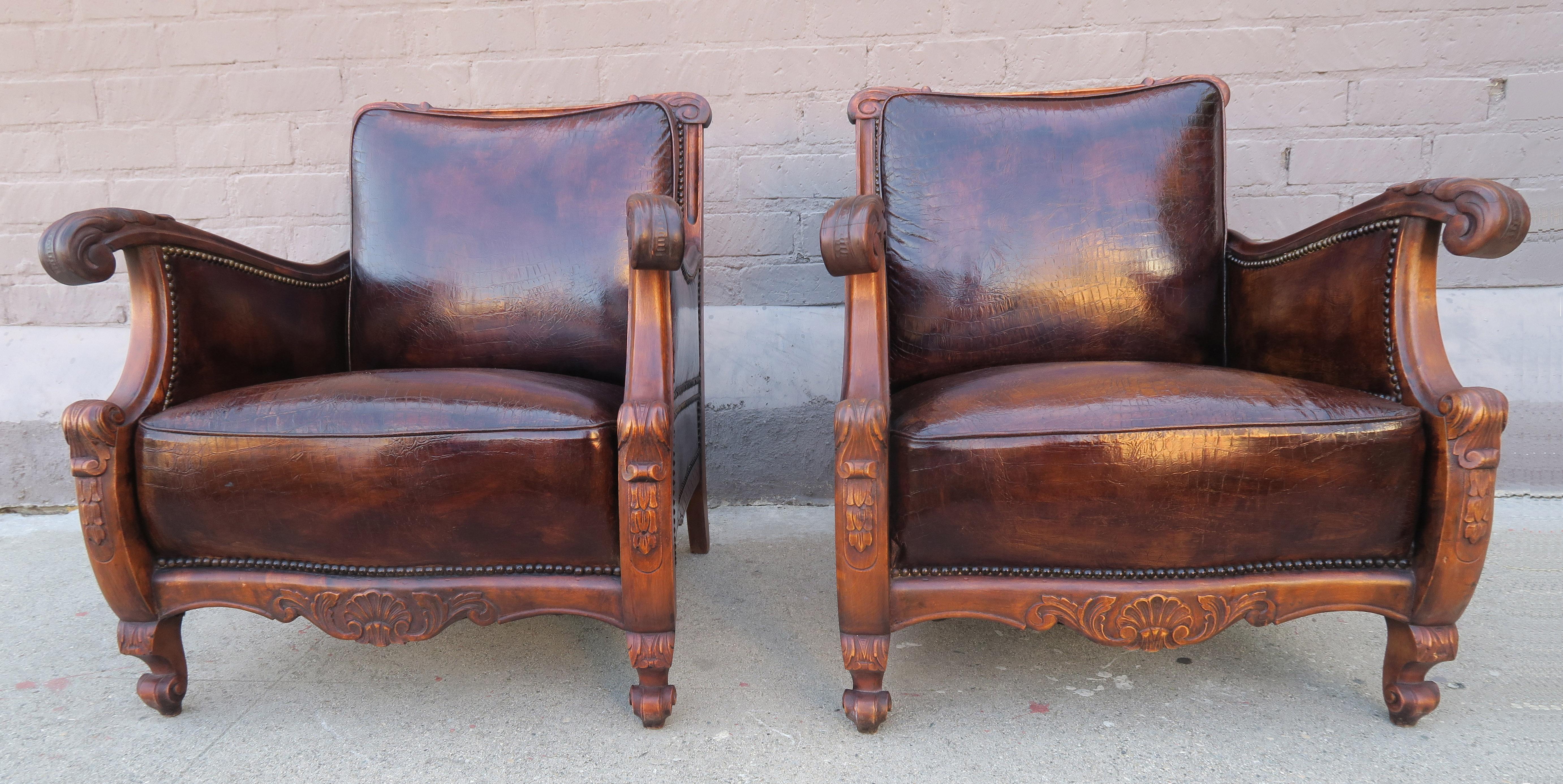 Pair of French Leather Embossed Armchairs, circa 1930s 5