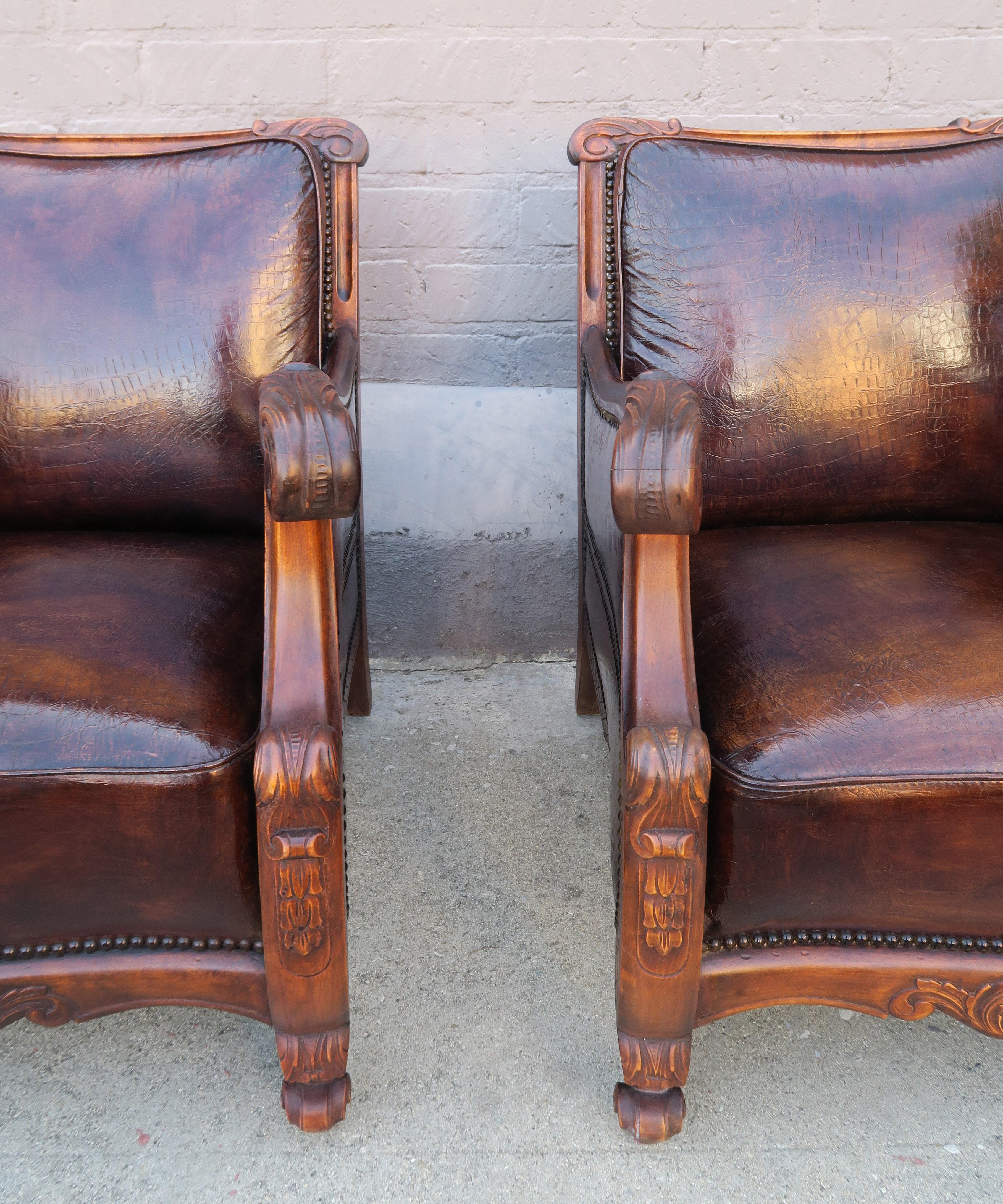 Art Deco Pair of French Leather Embossed Armchairs, circa 1930s