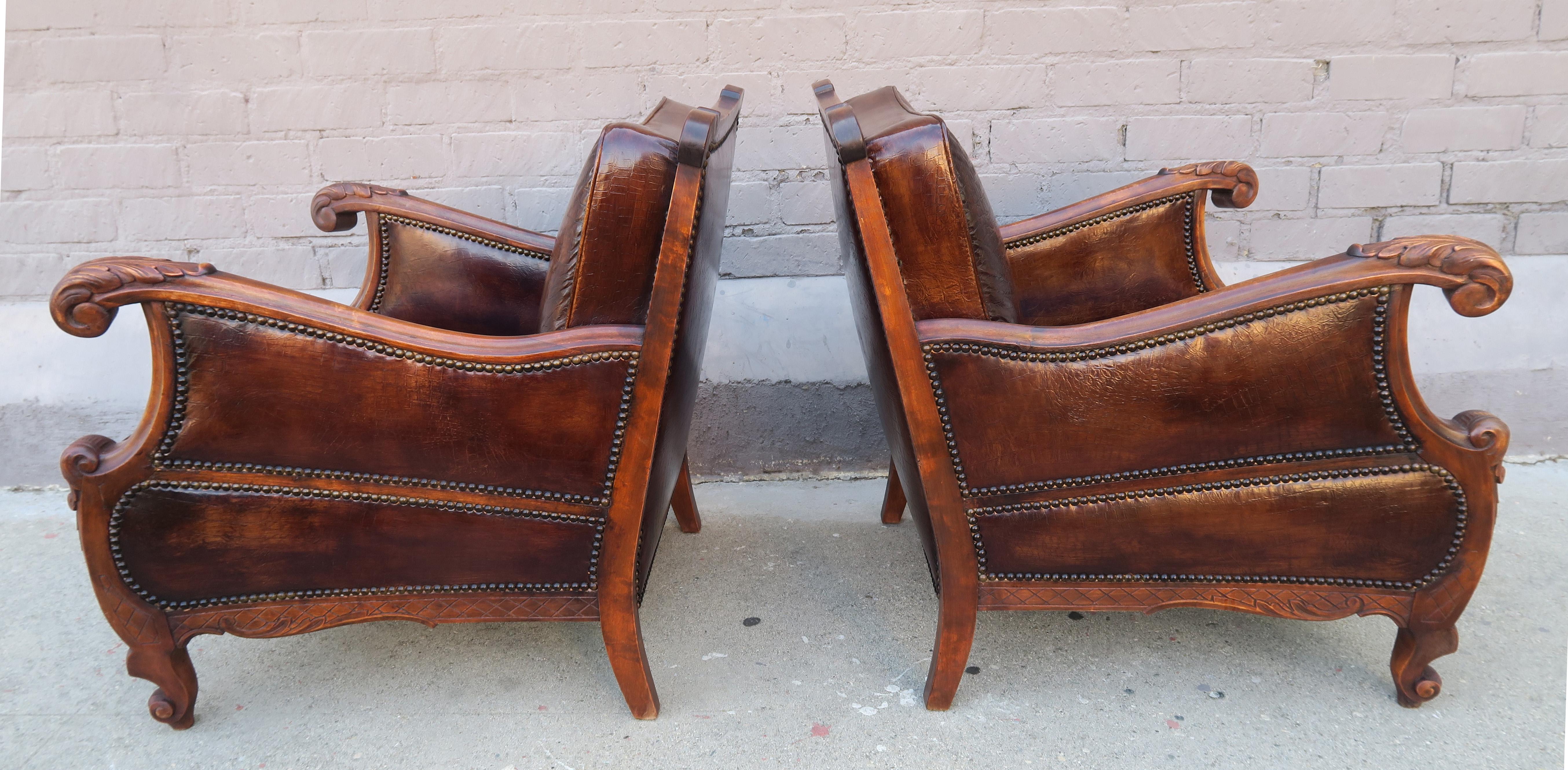 Mid-20th Century Pair of French Leather Embossed Armchairs, circa 1930s