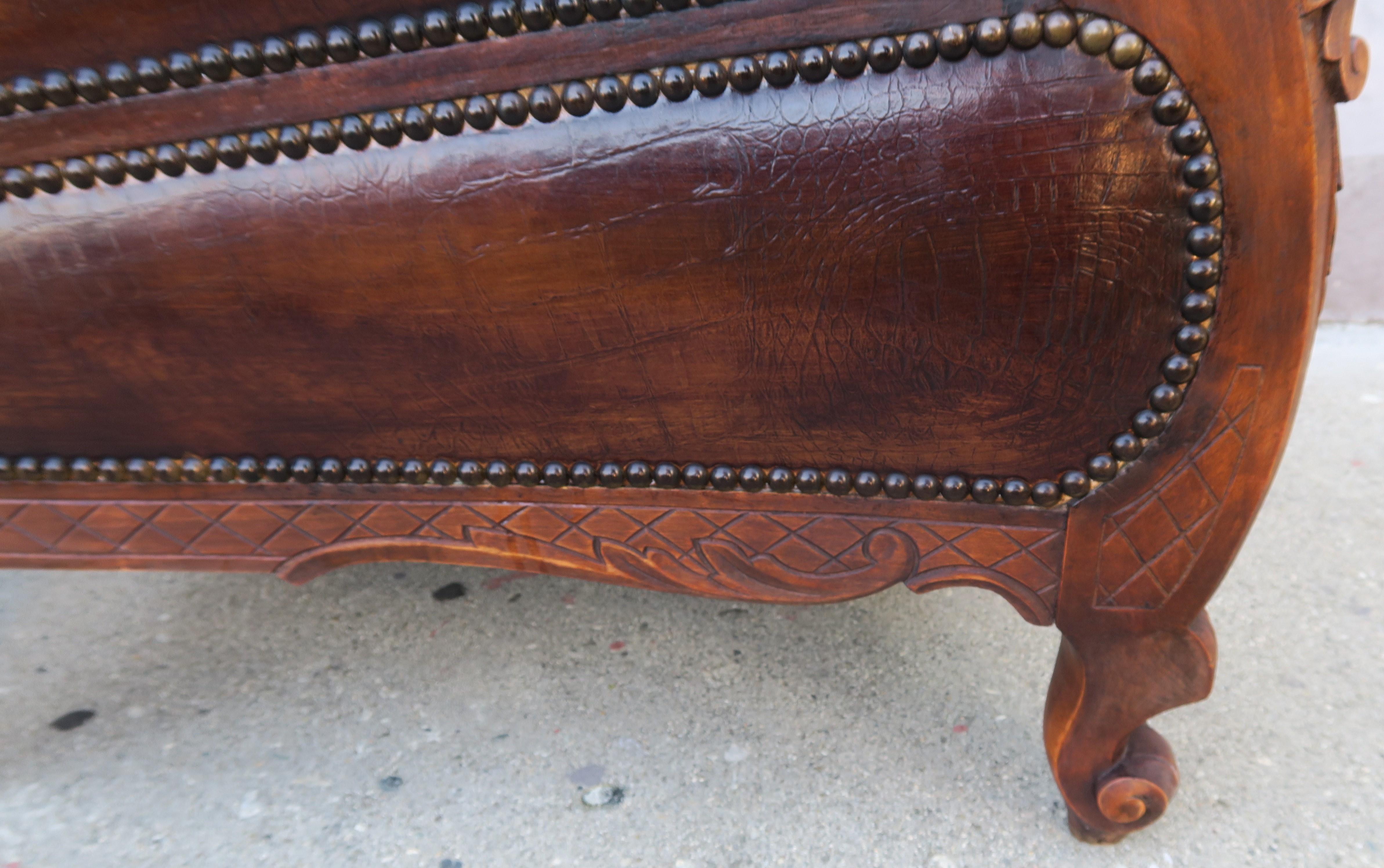 Walnut Pair of French Leather Embossed Armchairs, circa 1930s