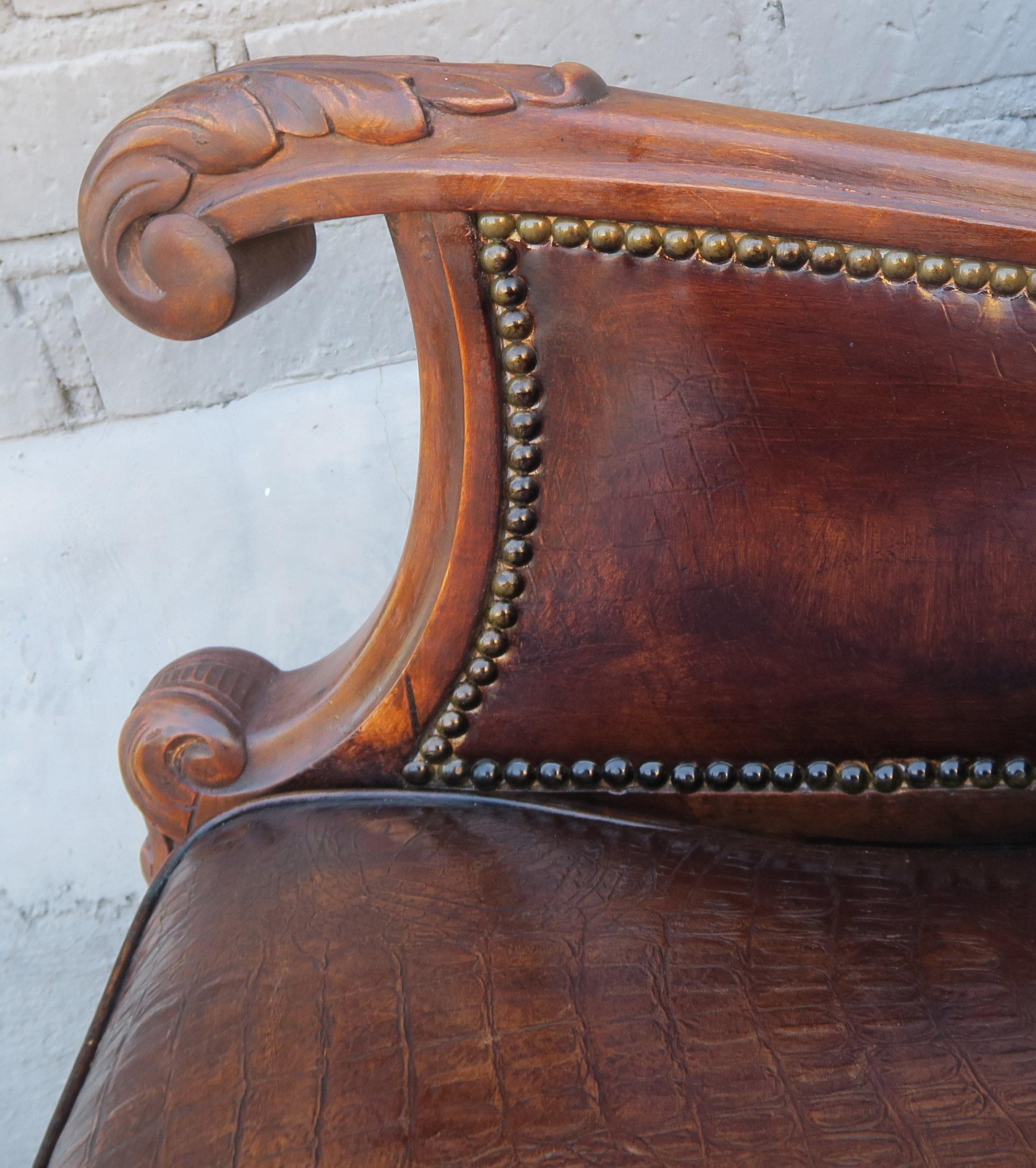 Pair of French Leather Embossed Armchairs, circa 1930s 1