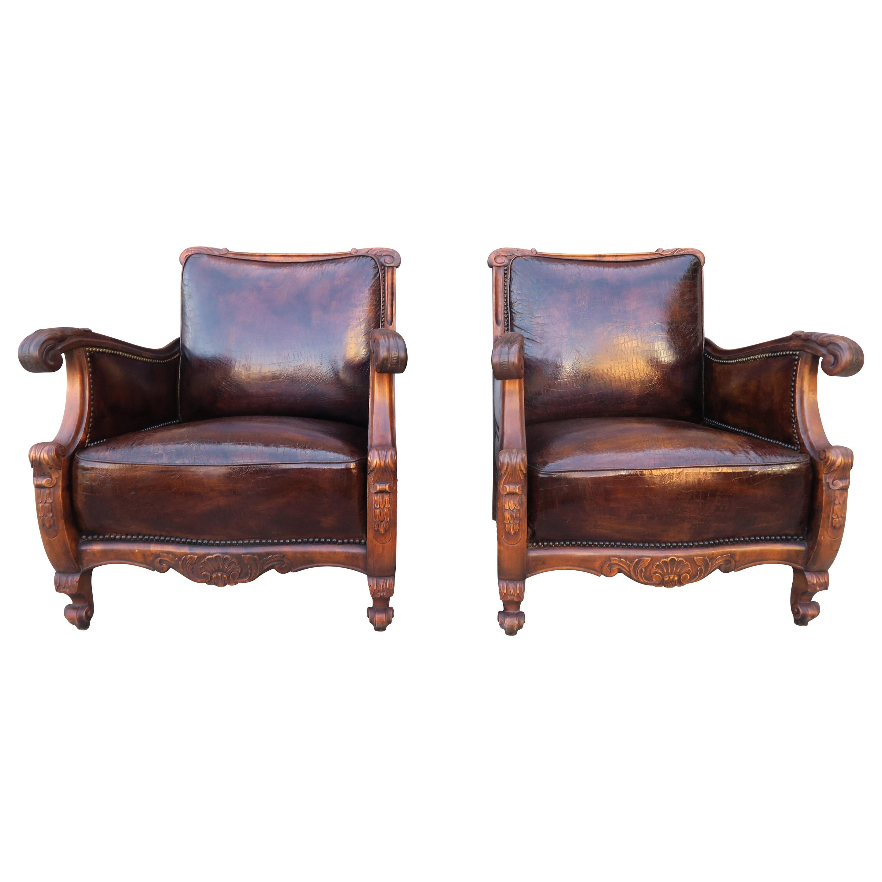 Pair of French Leather Embossed Armchairs, circa 1930s