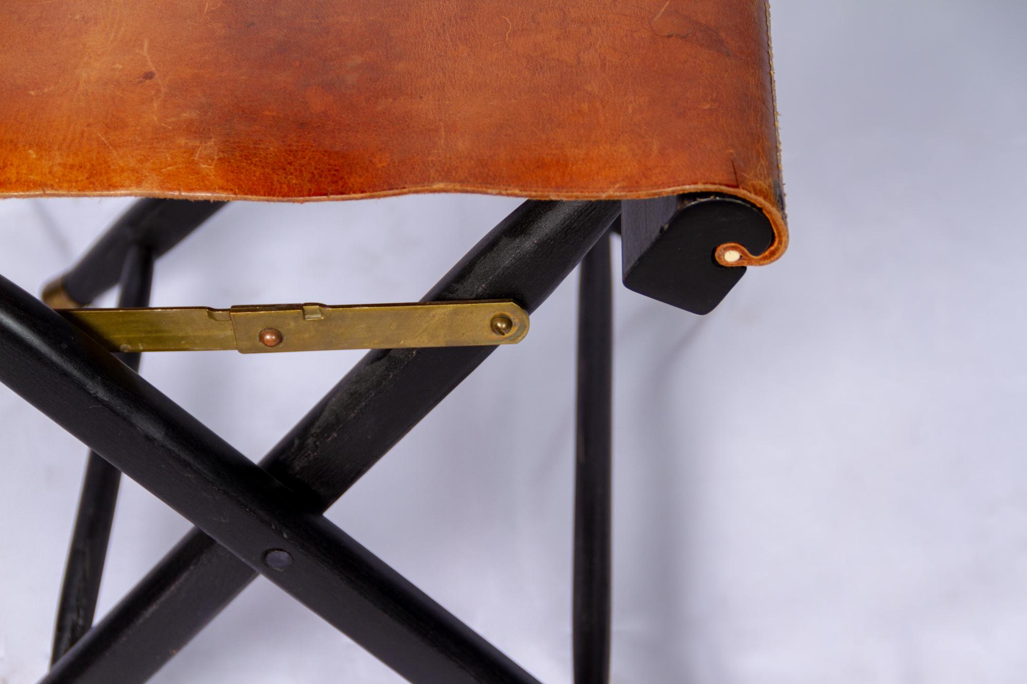 Mid-Century Modern Pair of French Leather Folding Stools, 1940s