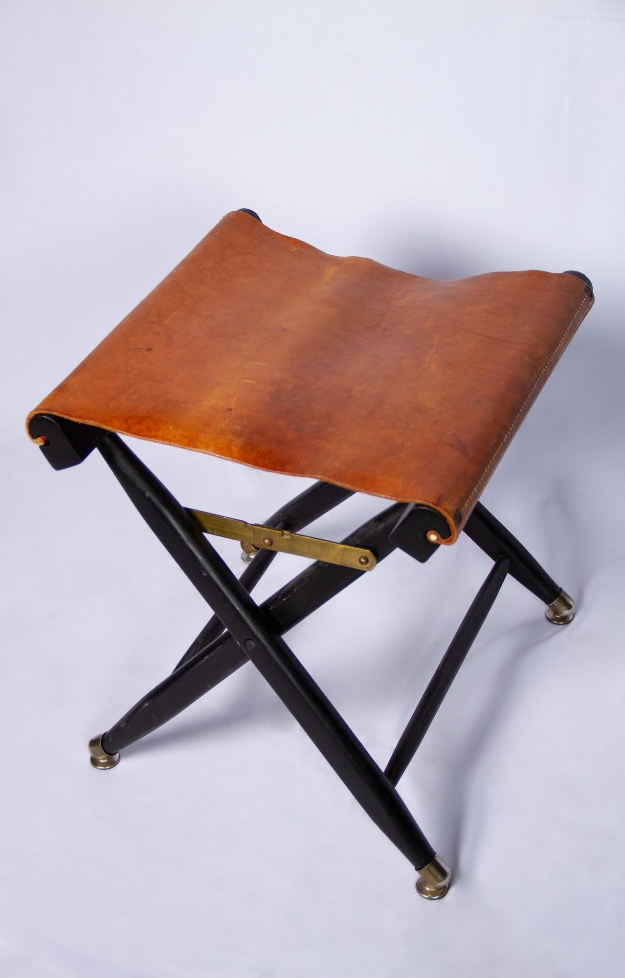 Lacquered Pair of French Leather Folding Stools, 1940s