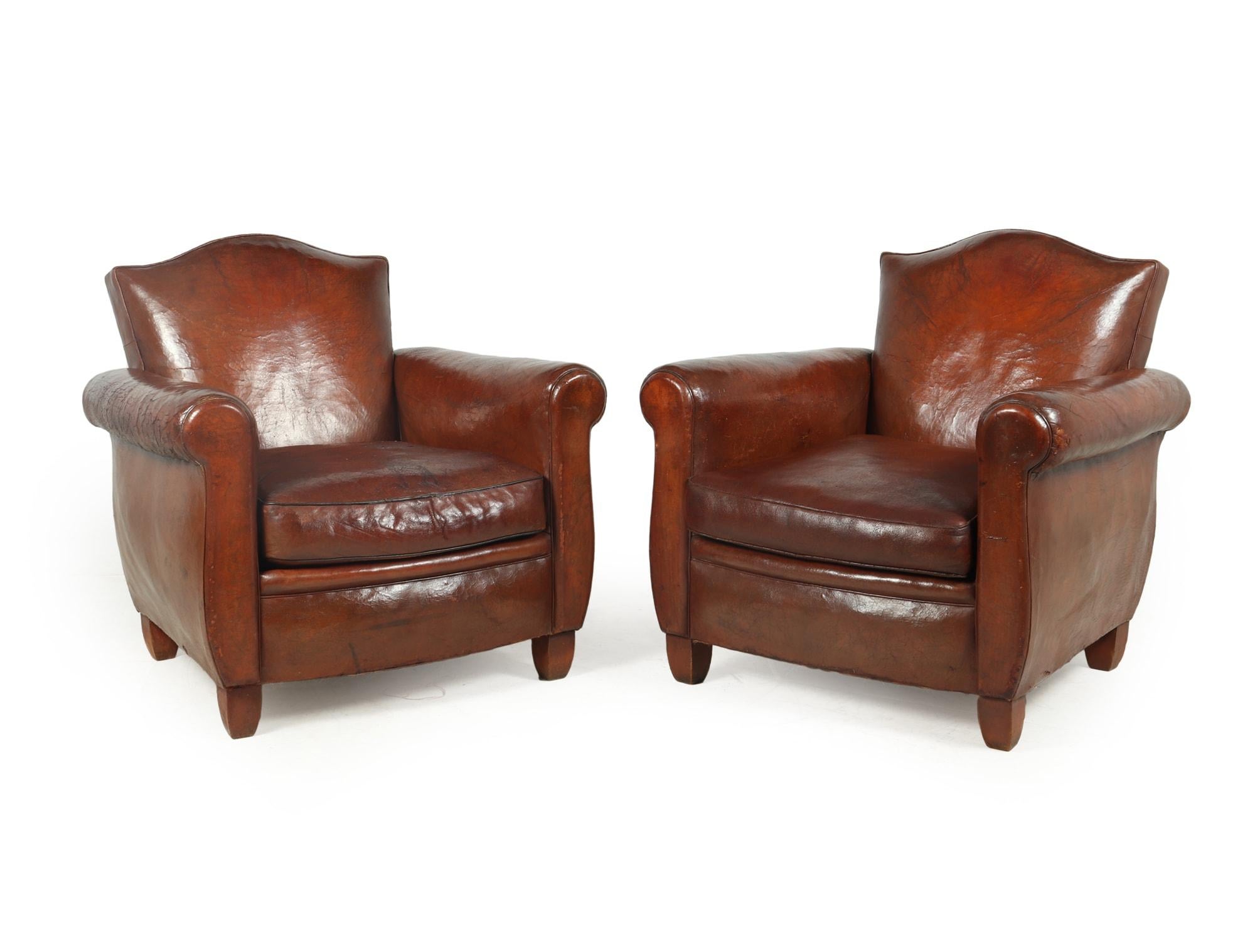 Pair of French Leather Lounge Club Armchairs, c1940 8