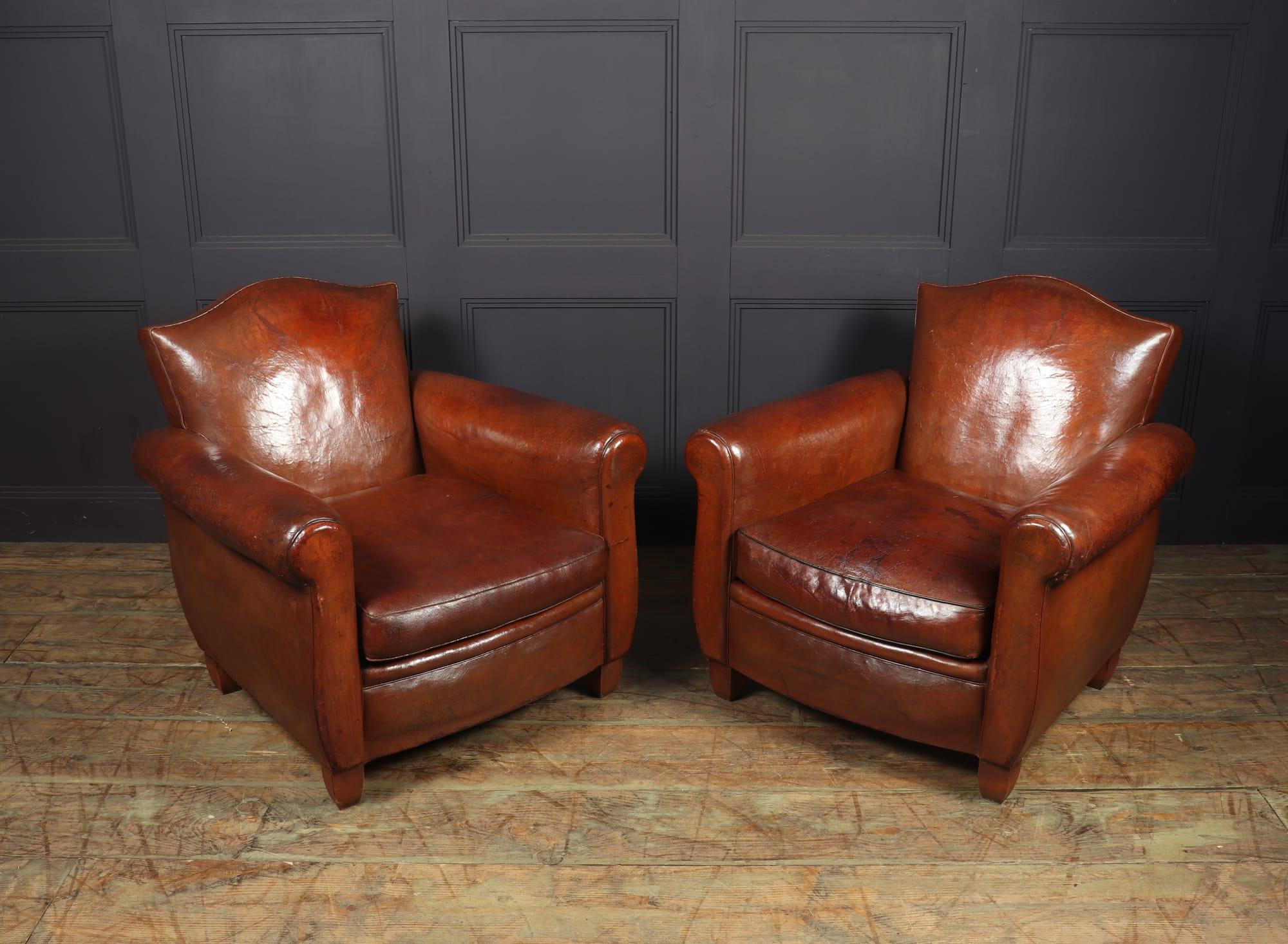 French Provincial Pair of French Leather Lounge Club Armchairs, c1940