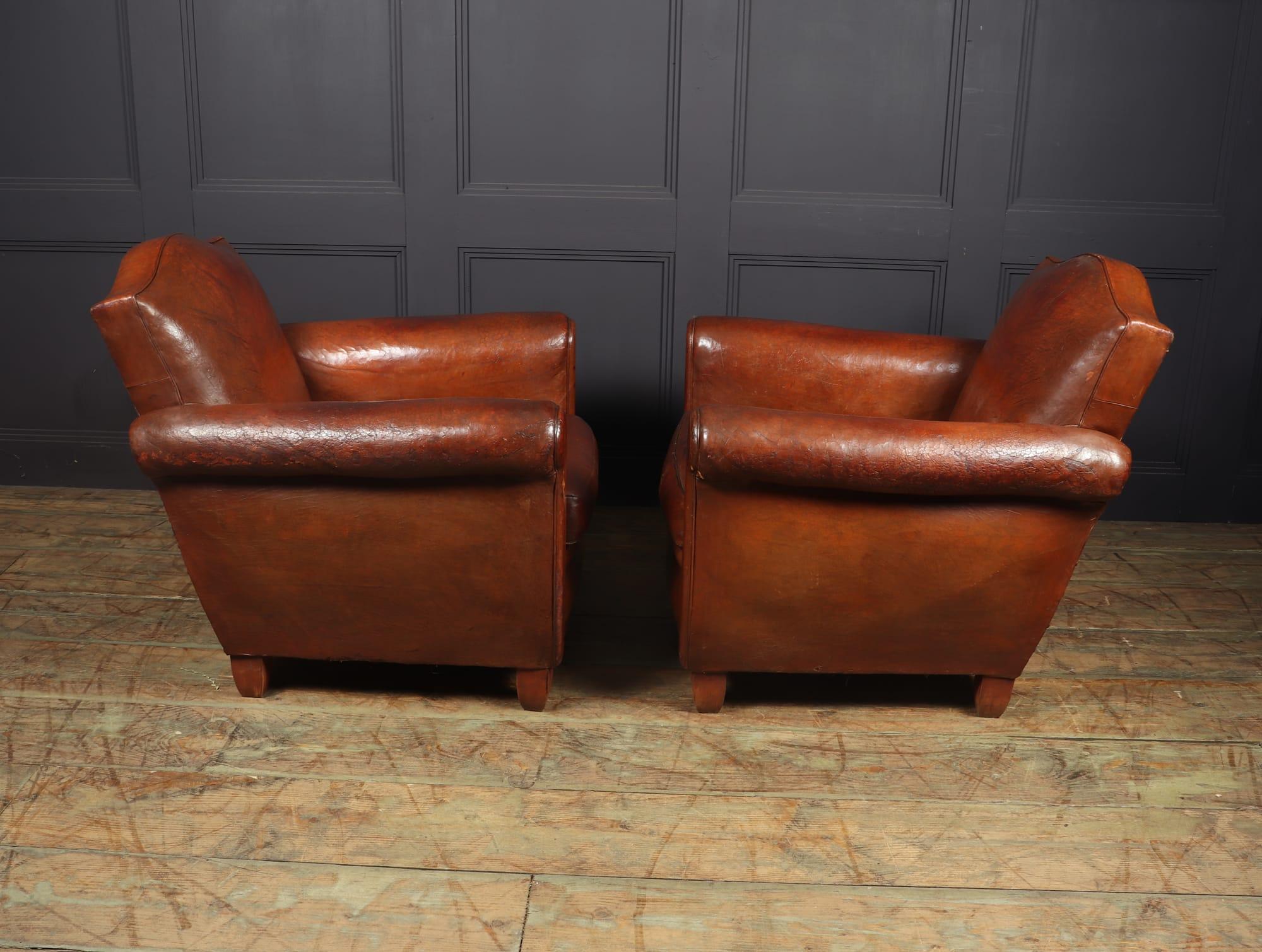 Pair of French Leather Lounge Club Armchairs, c1940 In Good Condition In Paddock Wood Tonbridge, GB