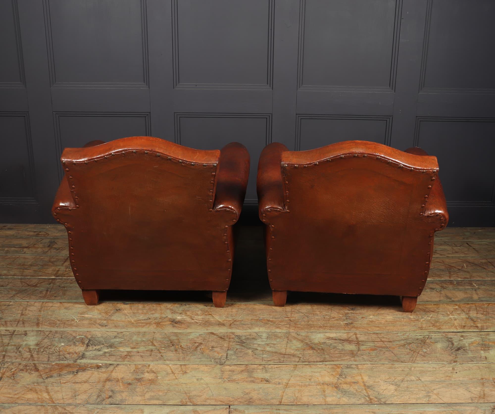 Mid-20th Century Pair of French Leather Lounge Club Armchairs, c1940