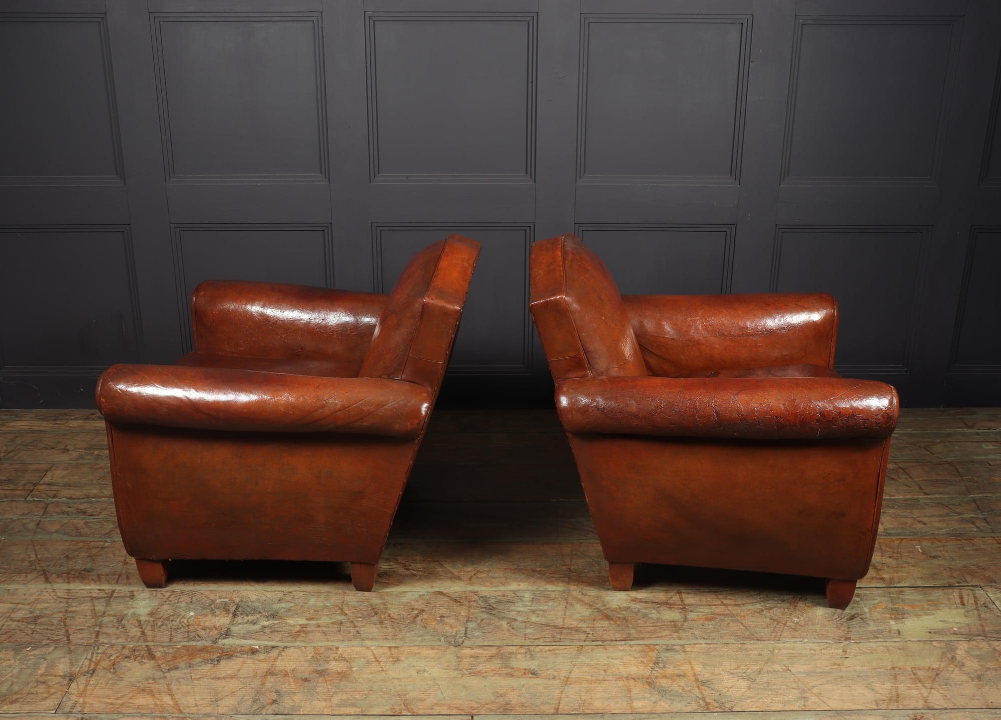 Pair of French Leather Lounge Club Armchairs, c1940 1