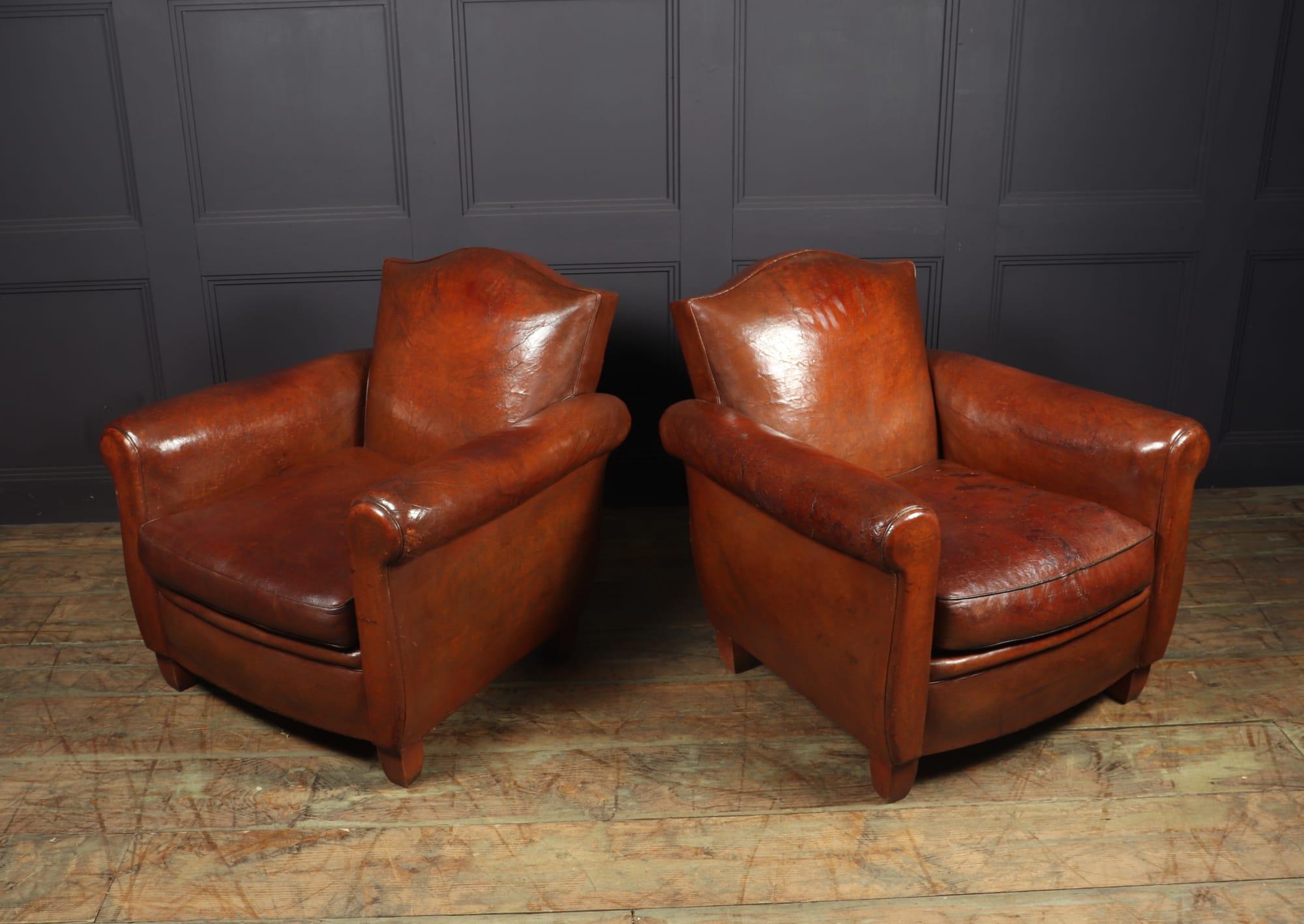 Pair of French Leather Lounge Club Armchairs, c1940 2