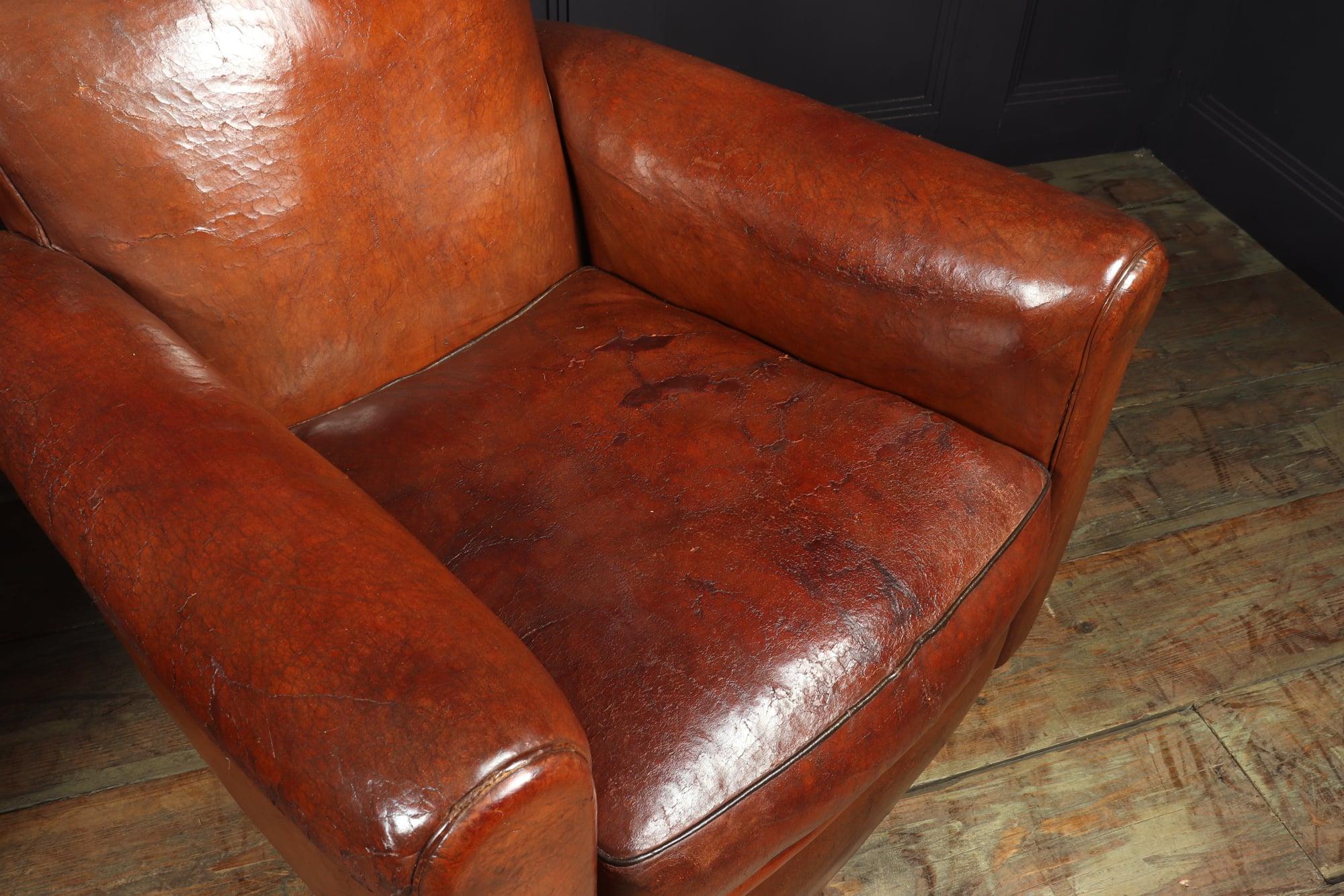Pair of French Leather Lounge Club Armchairs, c1940 3