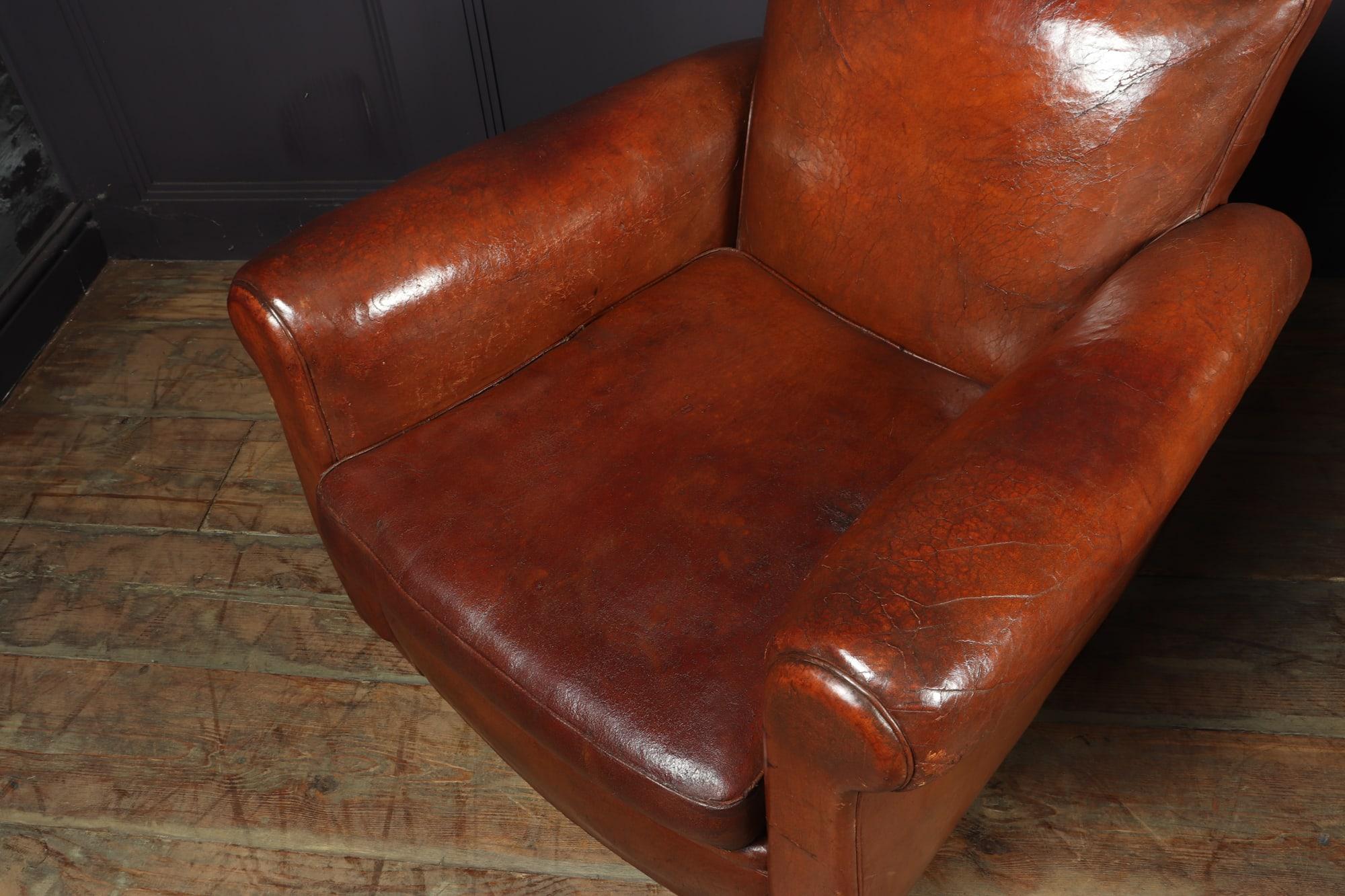 Pair of French Leather Lounge Club Armchairs, c1940 4