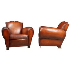 Vintage Pair of French Leather Moustache Back Club Chairs, circa 1940