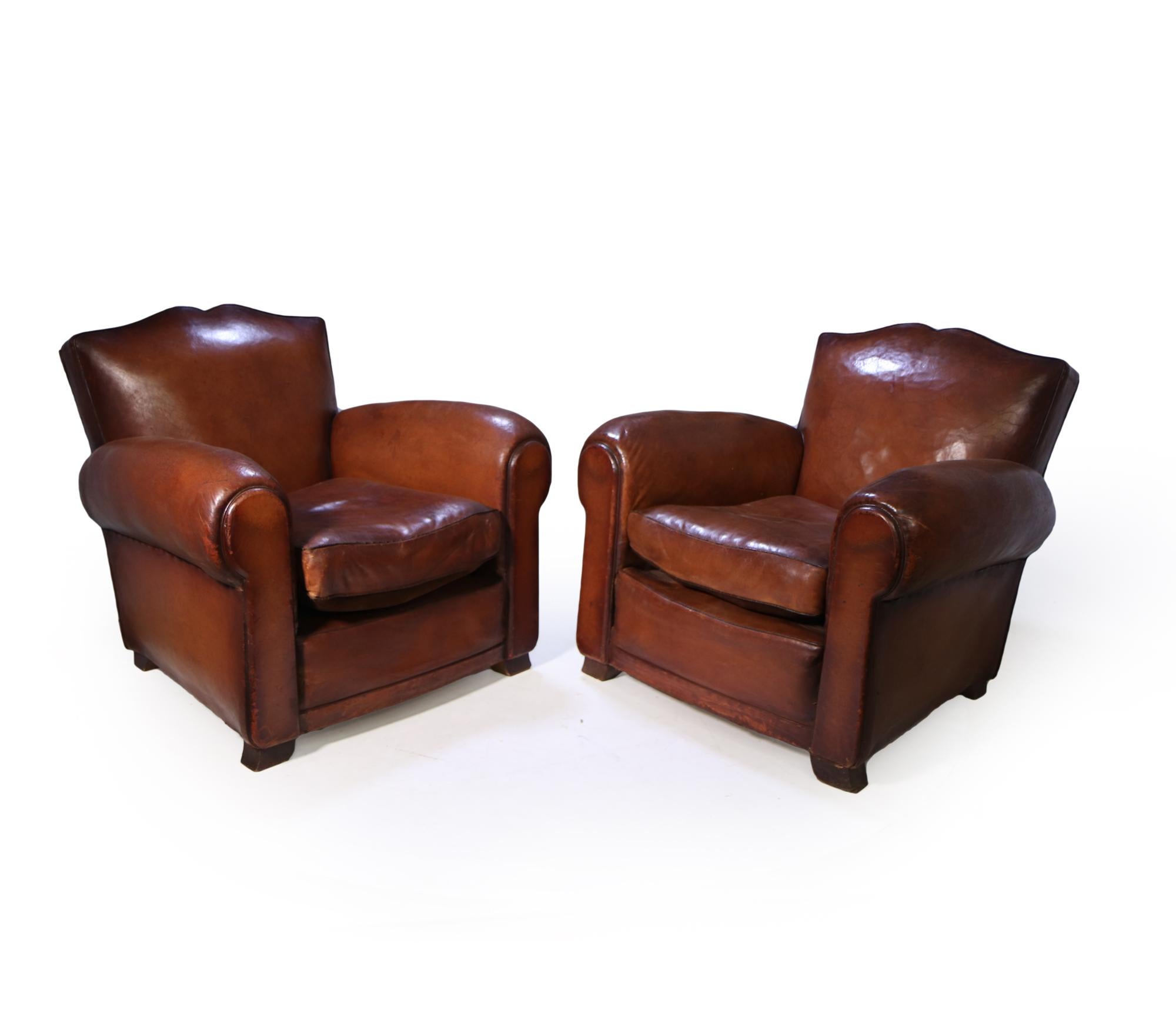 Pair of French Leather Moustache Back Club Chairs 9