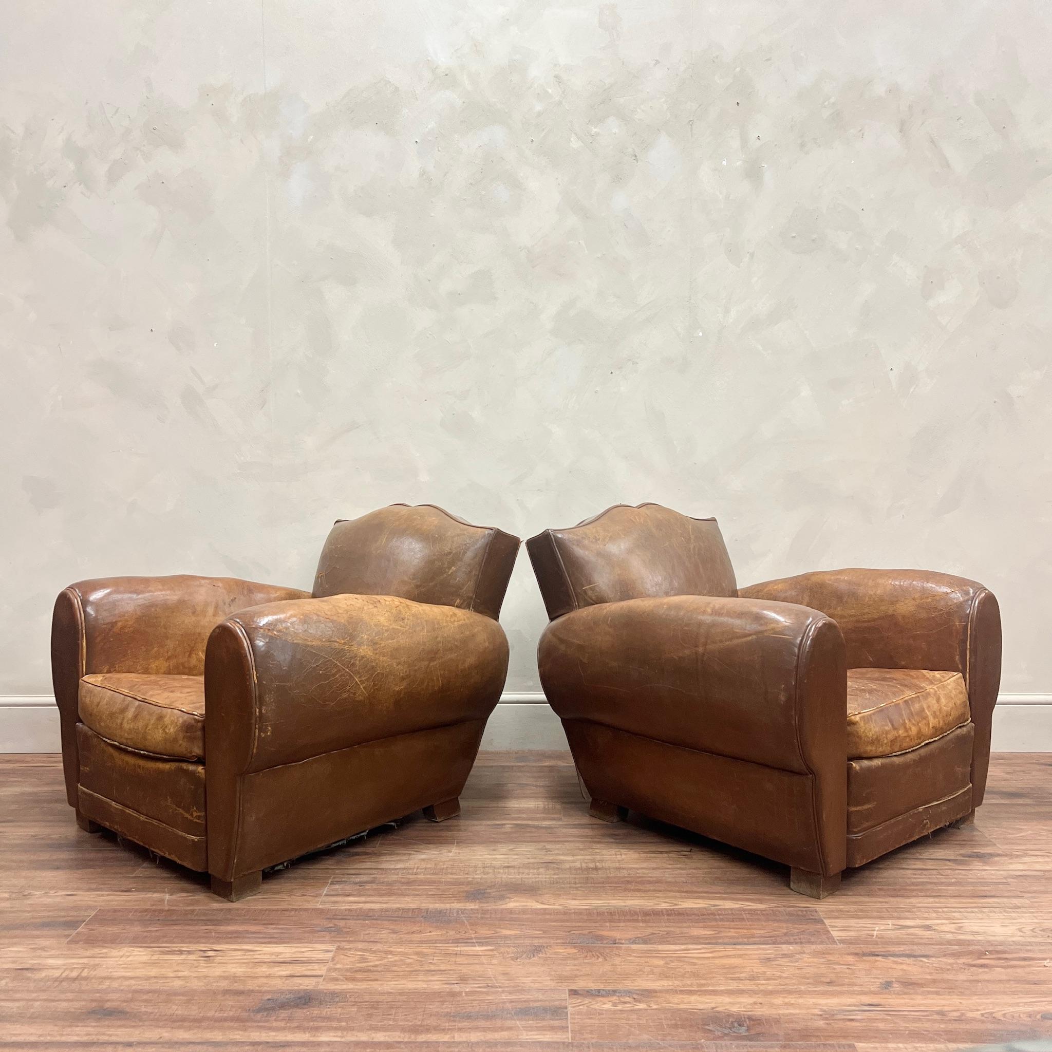 Hand-Crafted Pair of French, Leather Moustache Back Club Chairs