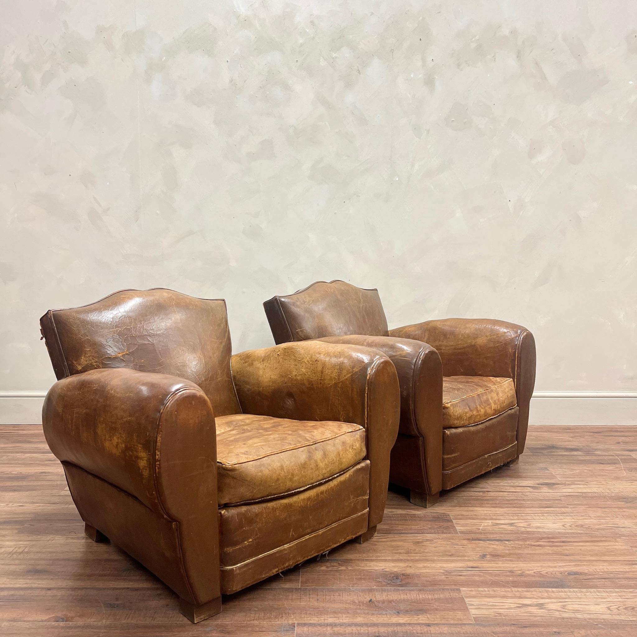 Pair of French, Leather Moustache Back Club Chairs In Good Condition In Southampton, GB