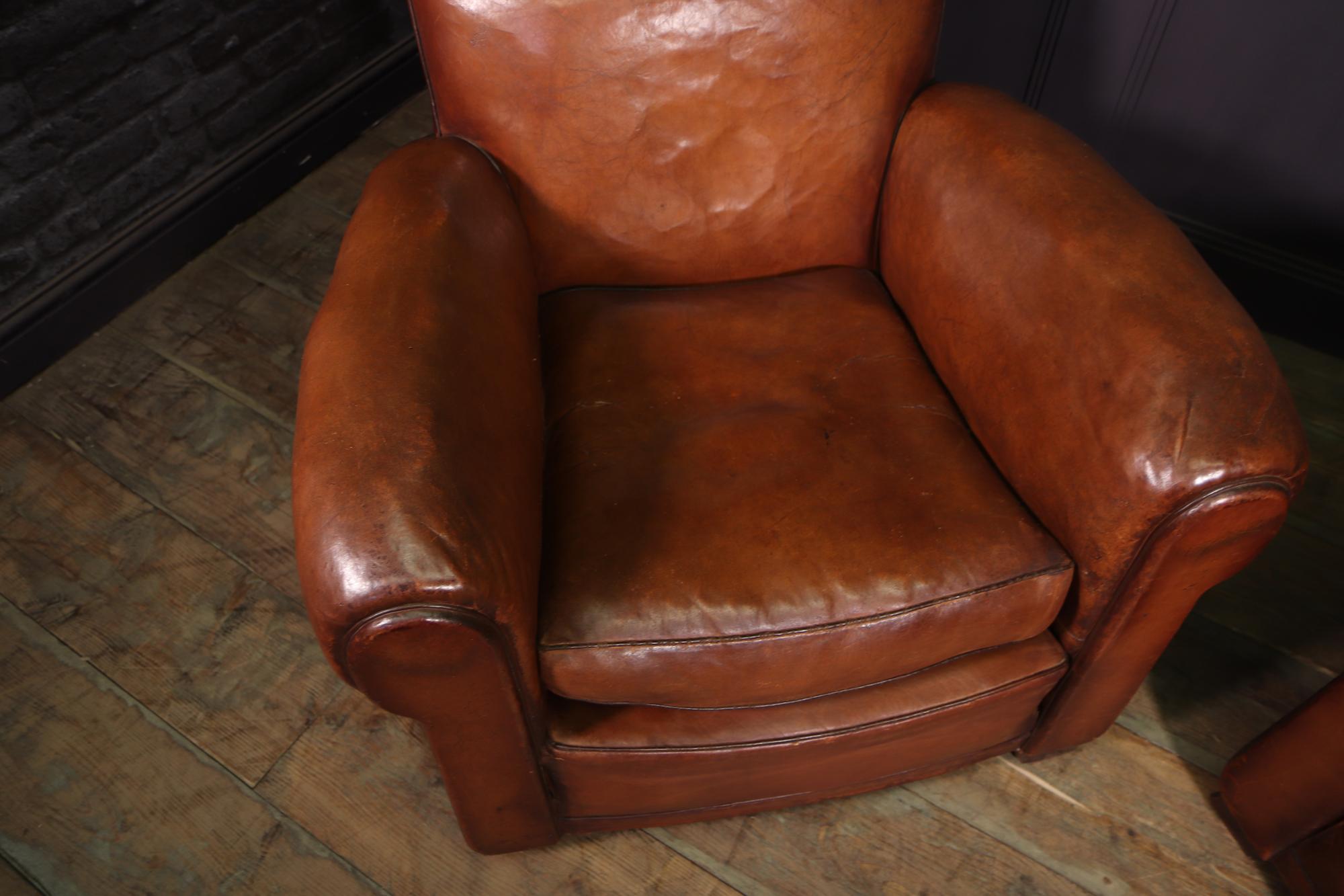 Mid-20th Century Pair of French Leather Moustache Back Club Chairs