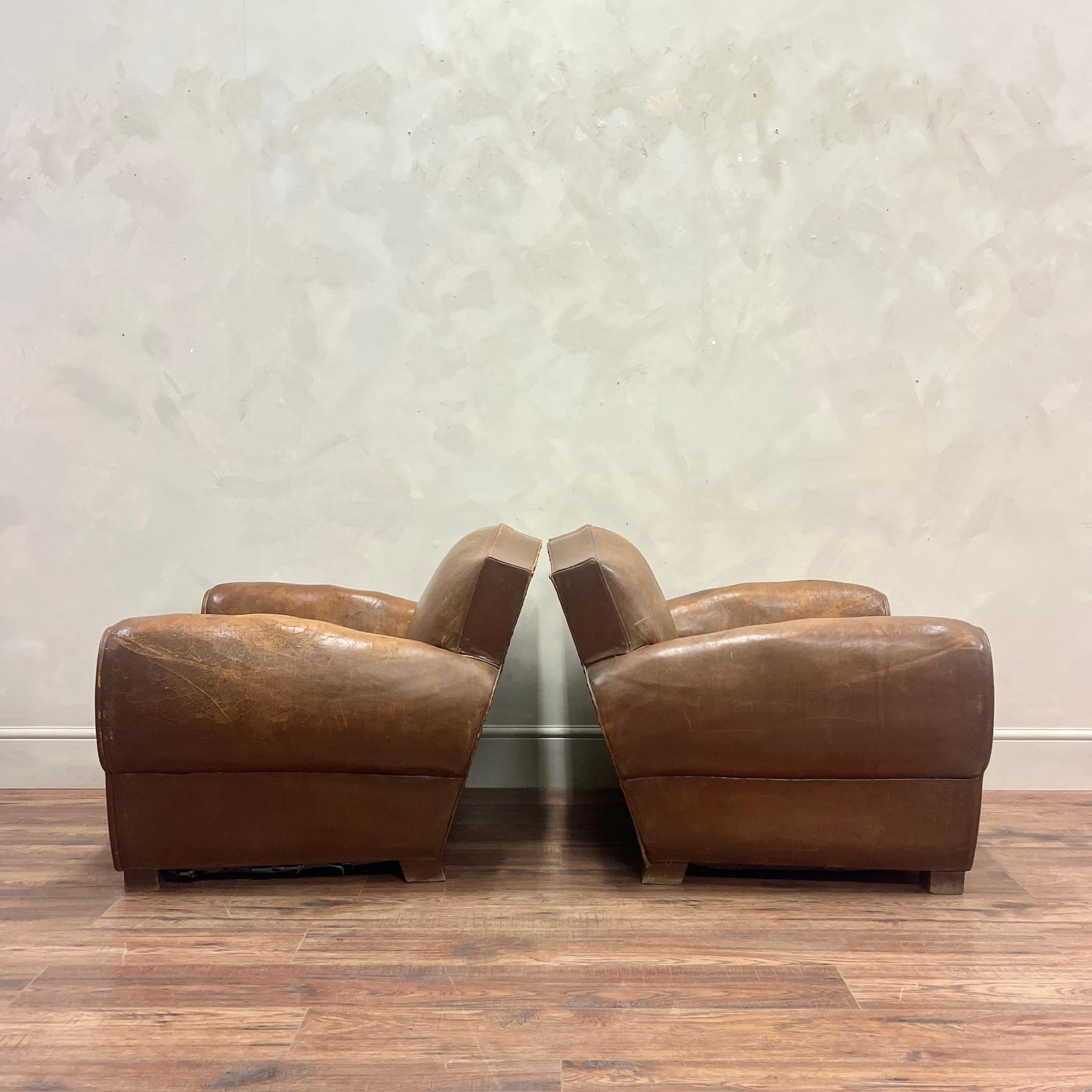 20th Century Pair of French, Leather Moustache Back Club Chairs