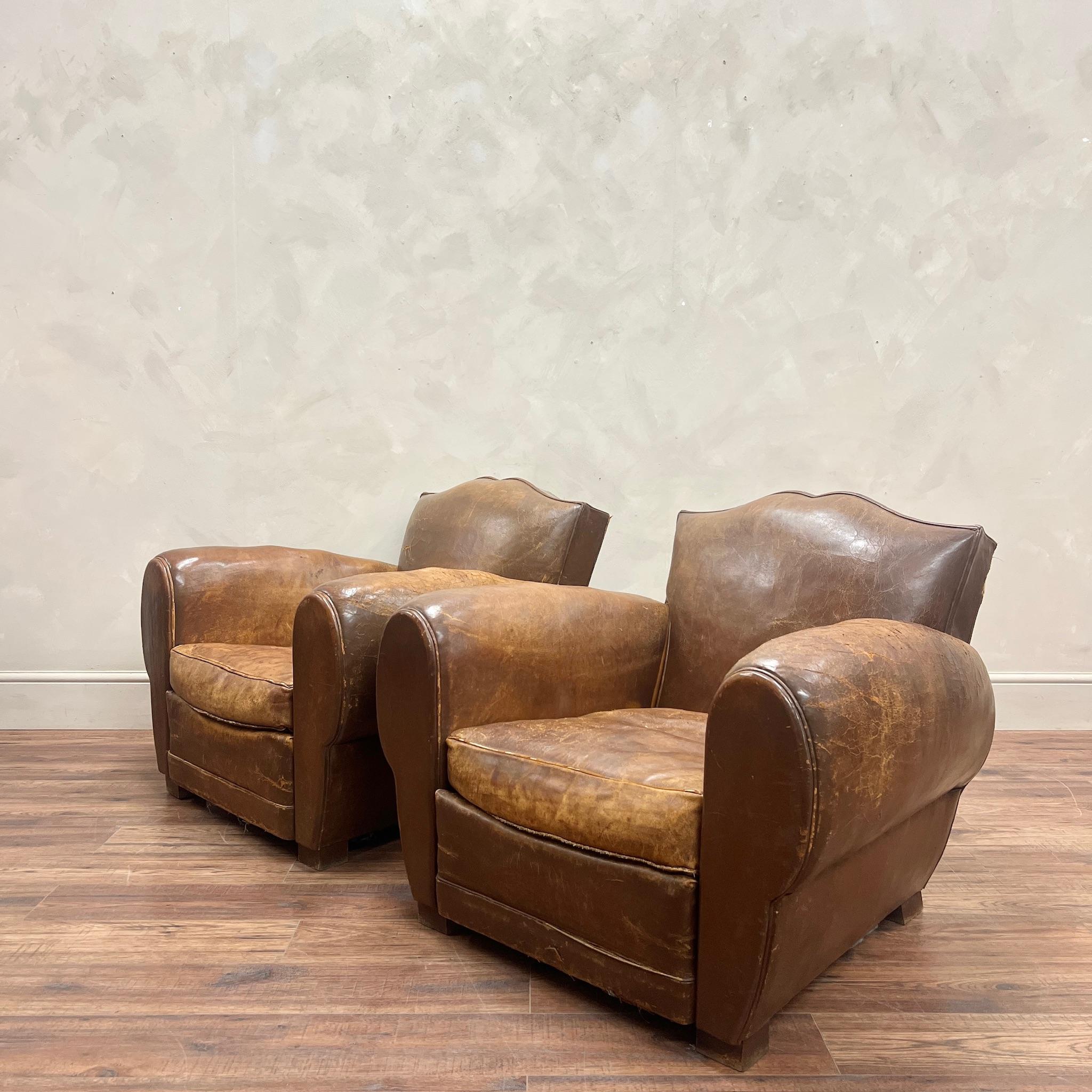 Pair of French, Leather Moustache Back Club Chairs 1