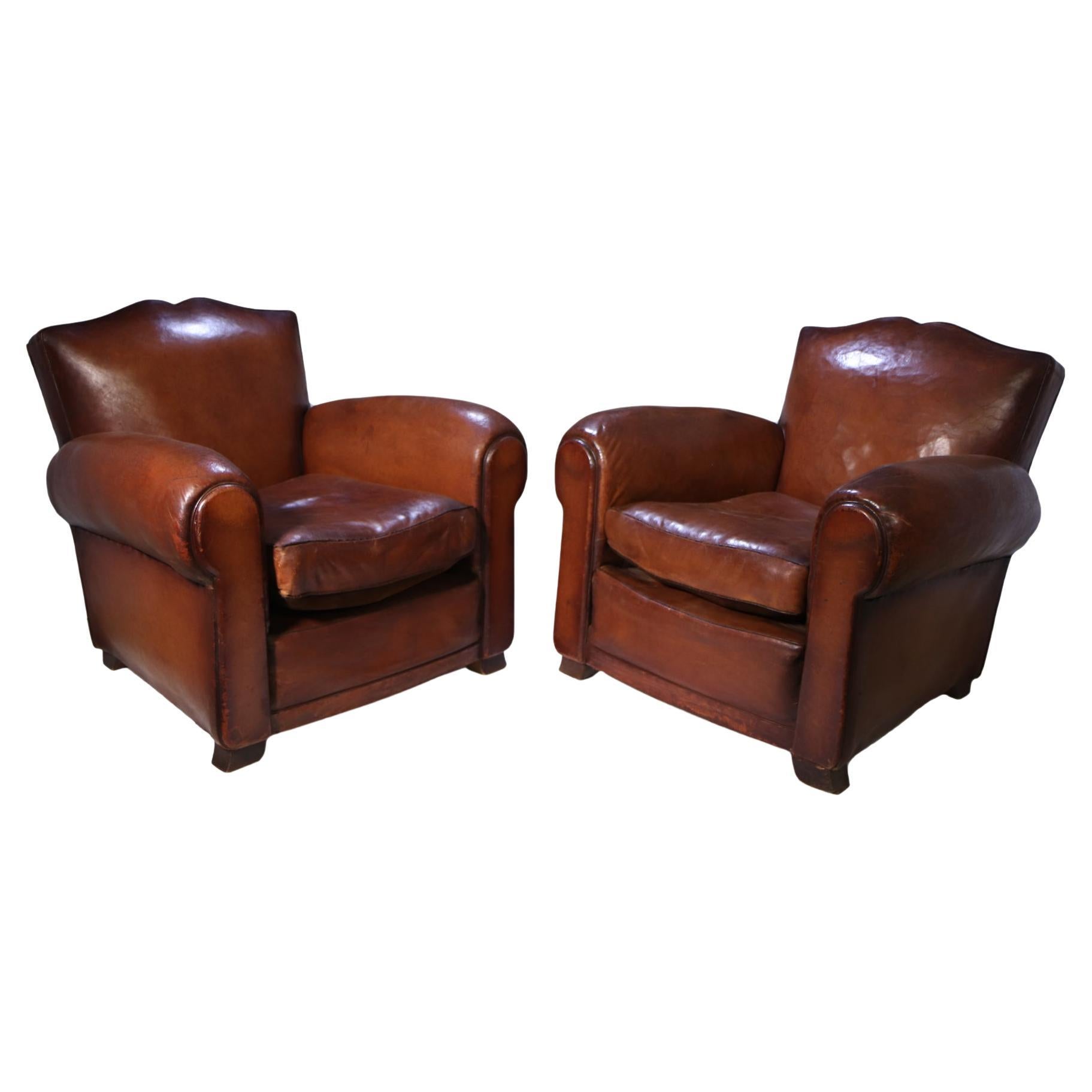 Pair of French Leather Moustache Back Club Chairs