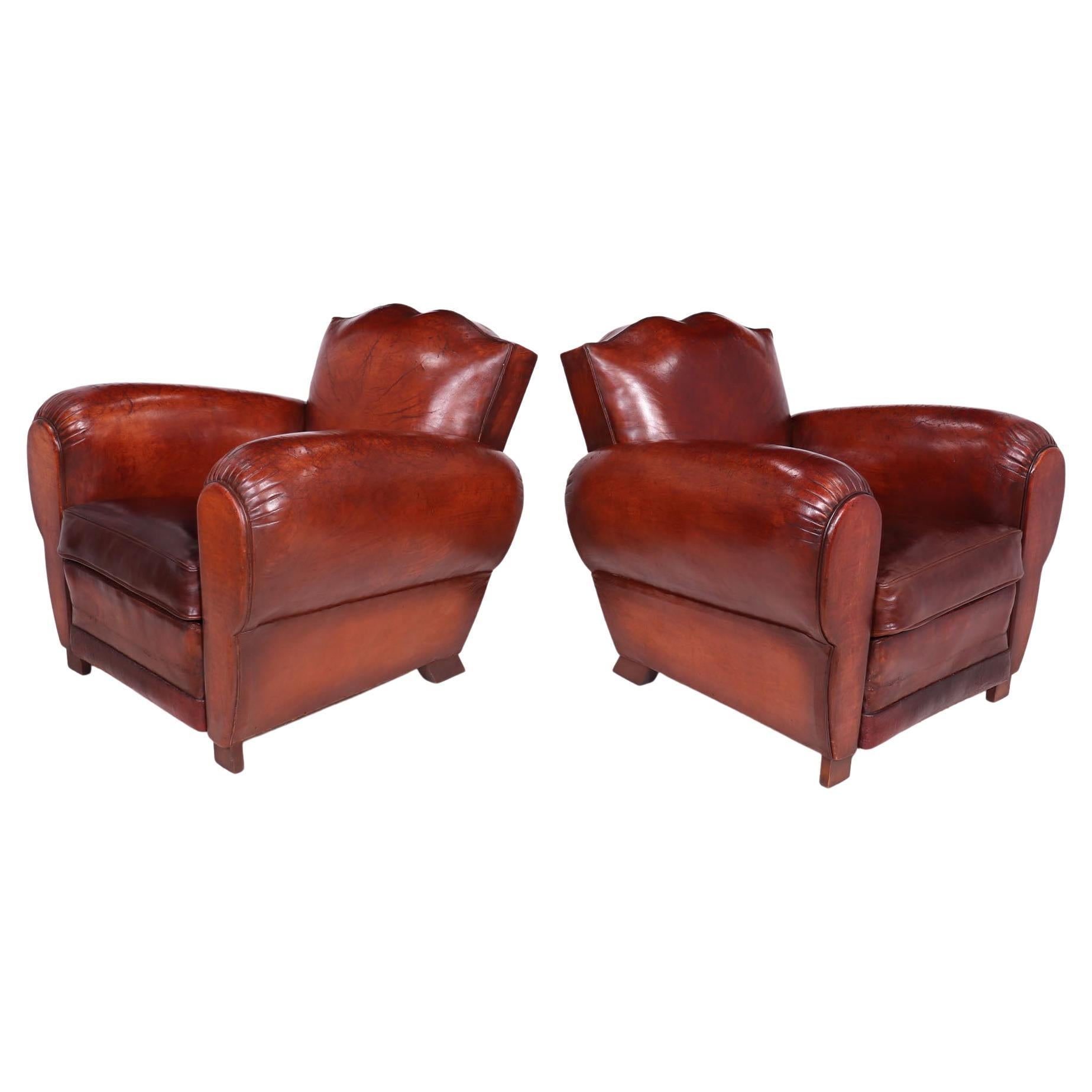 Pair of French Leather Moustache Back Club Chairs