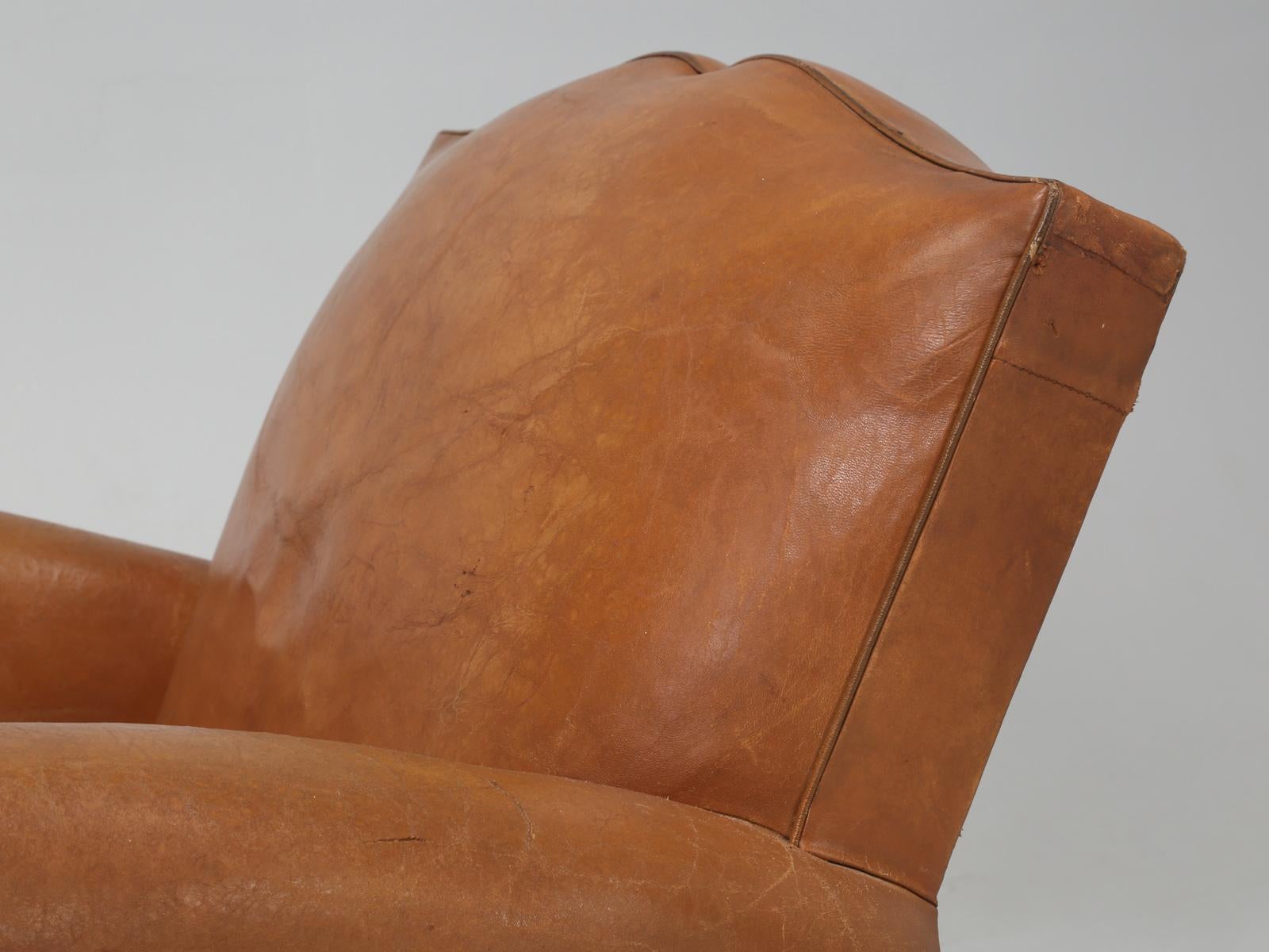 Art Deco Pair of French Leather Moustache Back Club Chairs, Restored