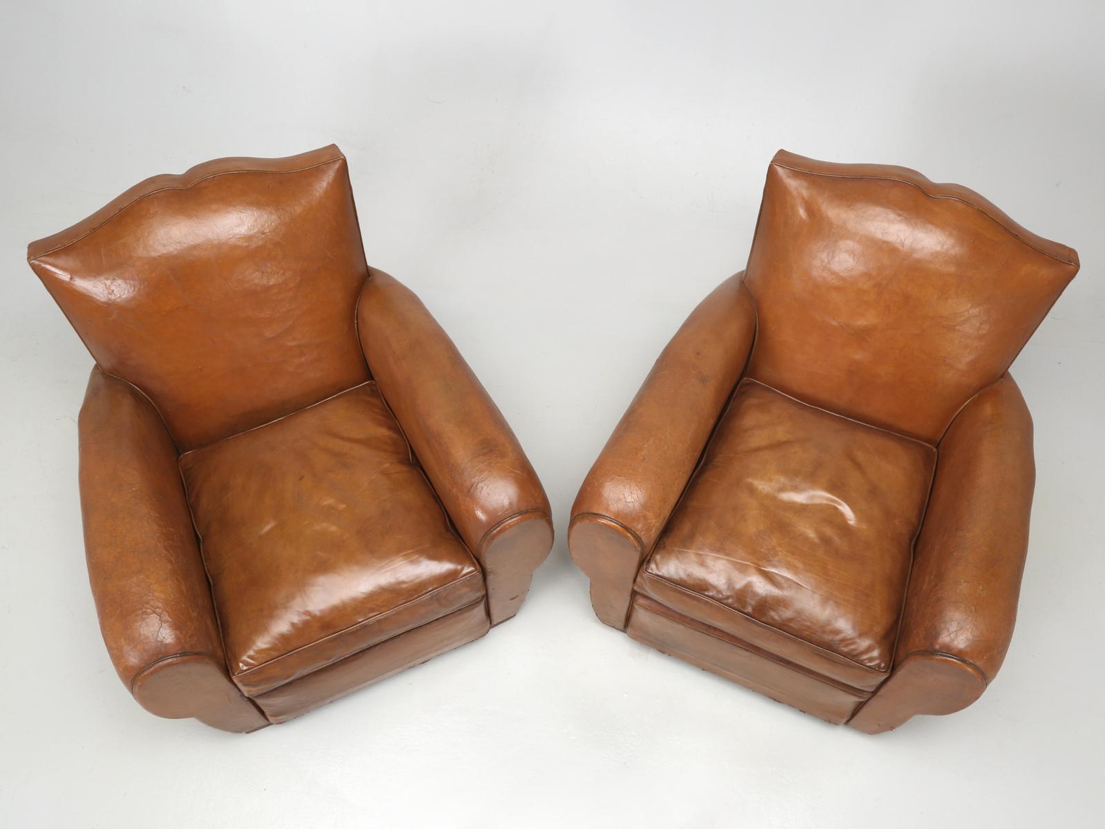 Pair of French Leather Moustache Back Club Chairs, Restored In Good Condition In Chicago, IL