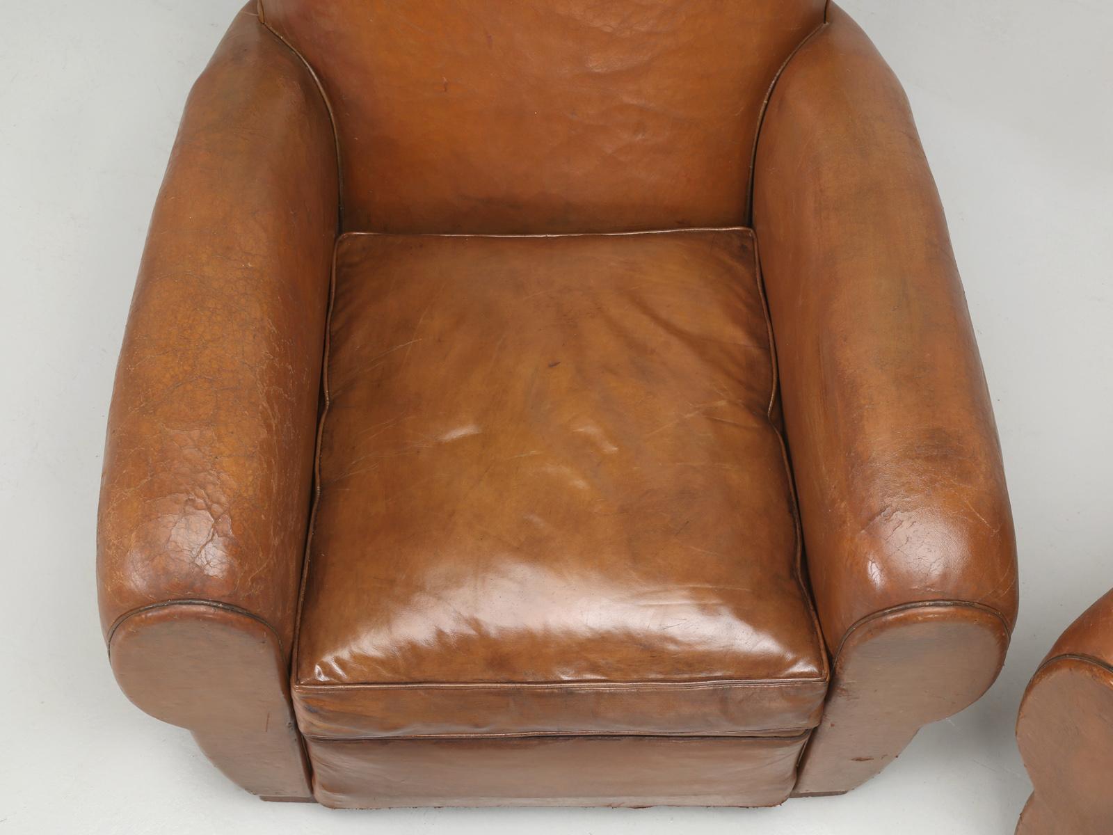 Mid-20th Century Pair of French Leather Moustache Back Club Chairs, Restored