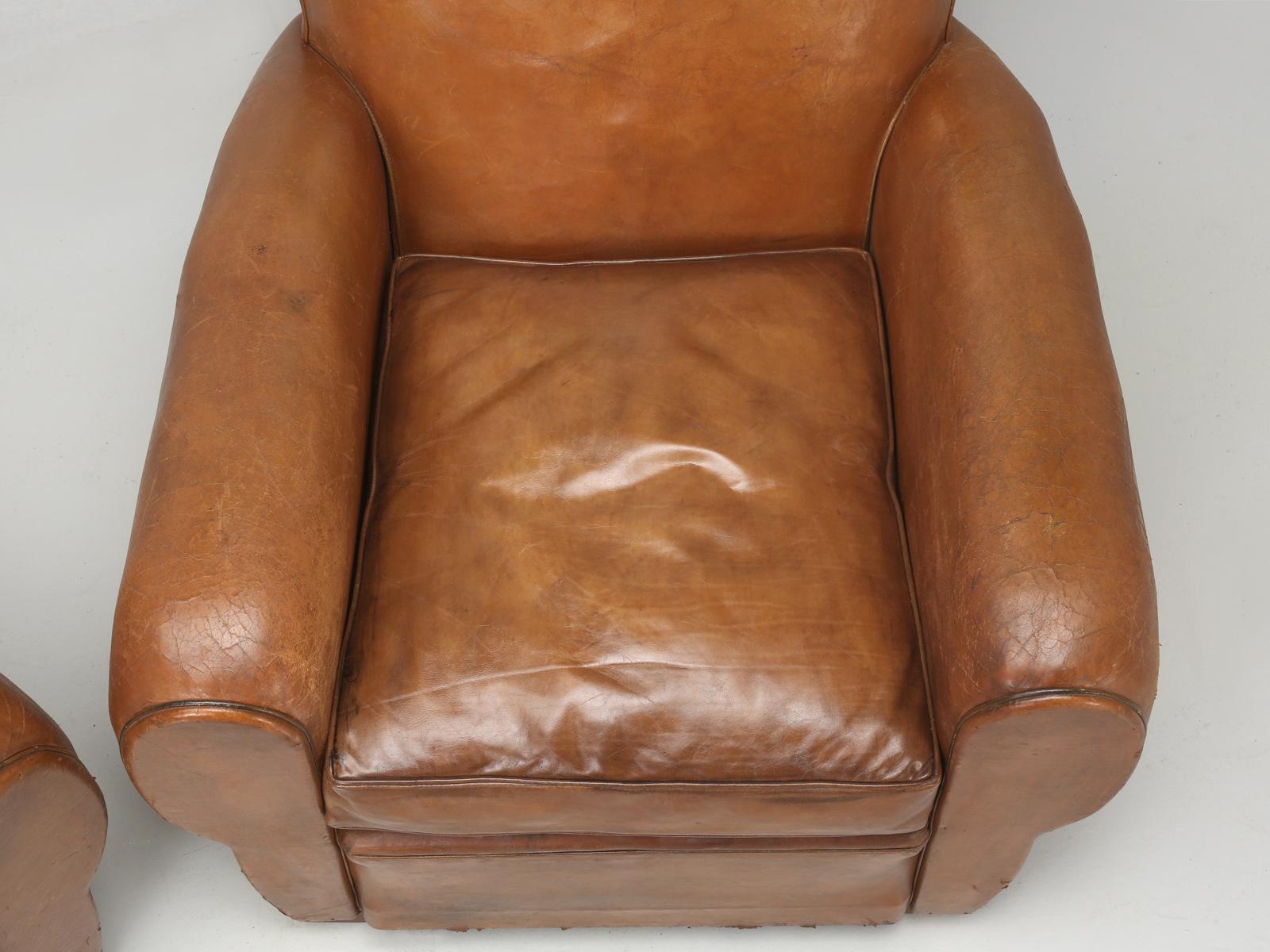 Sheepskin Pair of French Leather Moustache Back Club Chairs, Restored