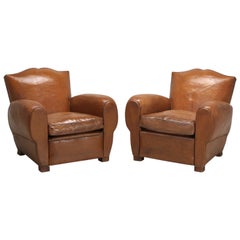 Vintage Pair of French Leather Moustache Back Club Chairs, Restored