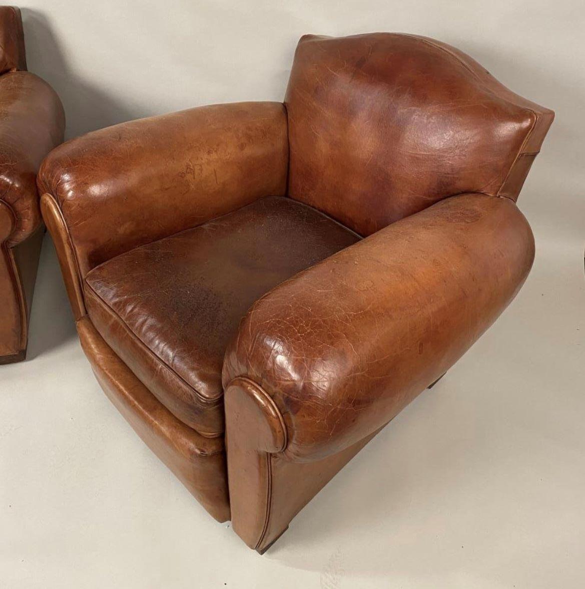 Pair Of French Art Deco Leather Club Chairs, 1930’s In Good Condition In Doylestown, PA
