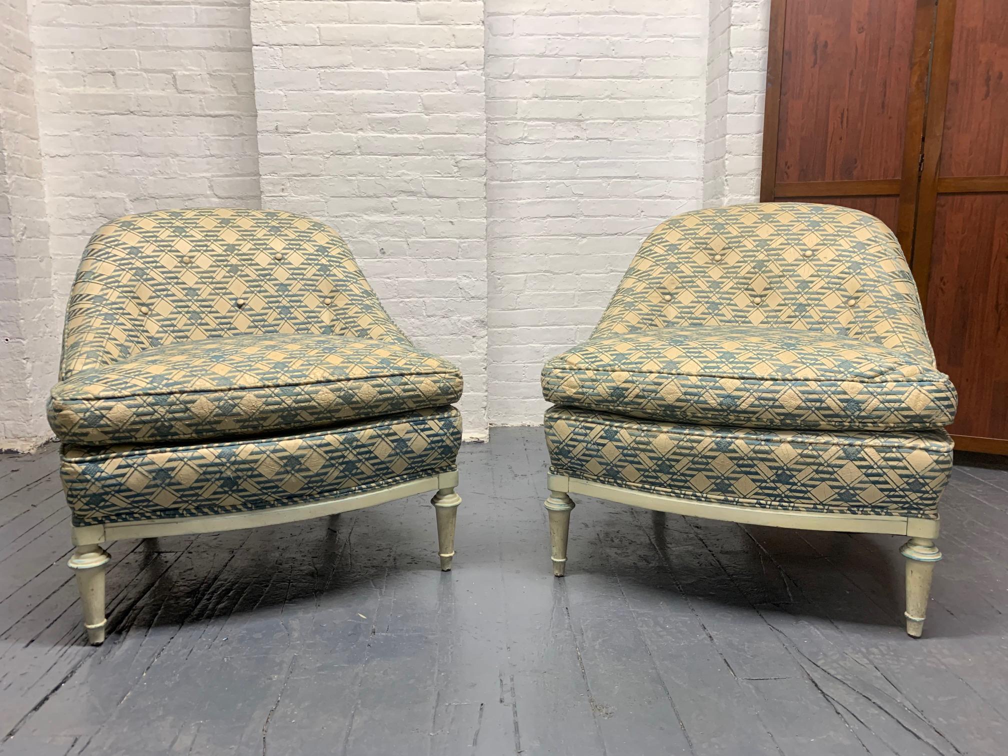 Painted Pair of French Leather Slipper Chairs For Sale