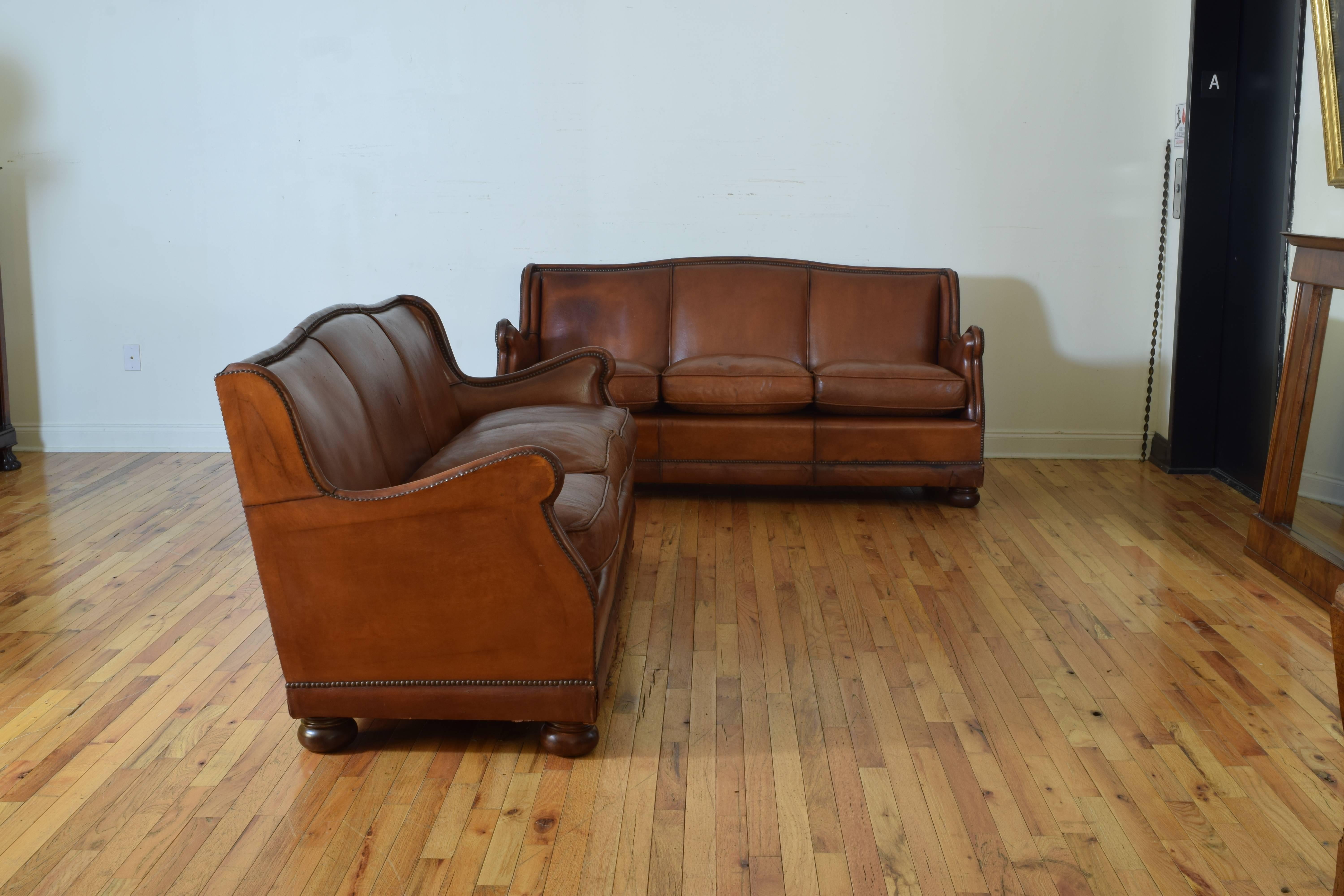 Pair of French Leather Sofas with Down Cushions, Mid-20th Century In Excellent Condition In Atlanta, GA