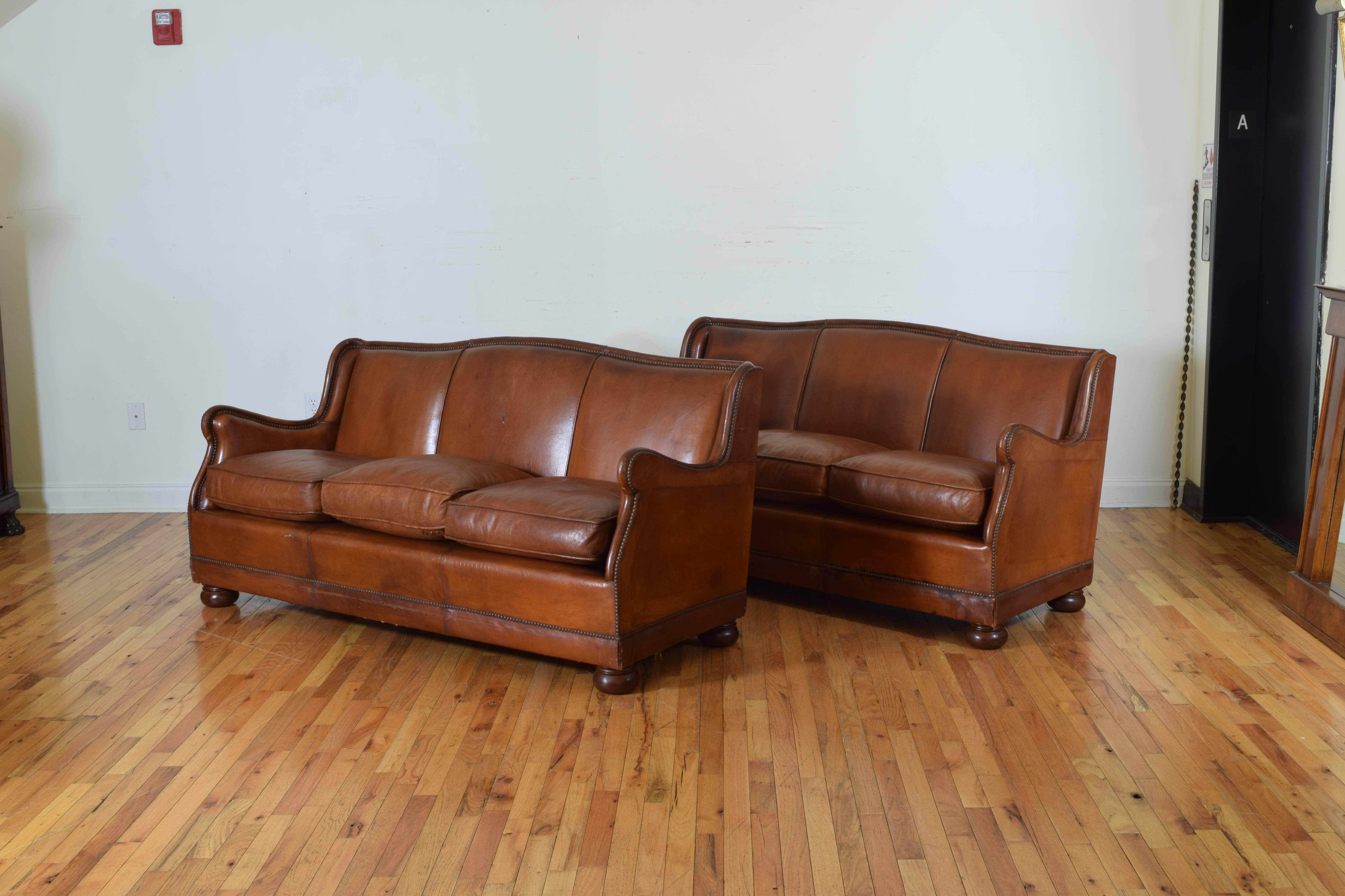 Pair of French Leather Sofas with Down Cushions, Mid-20th Century 1