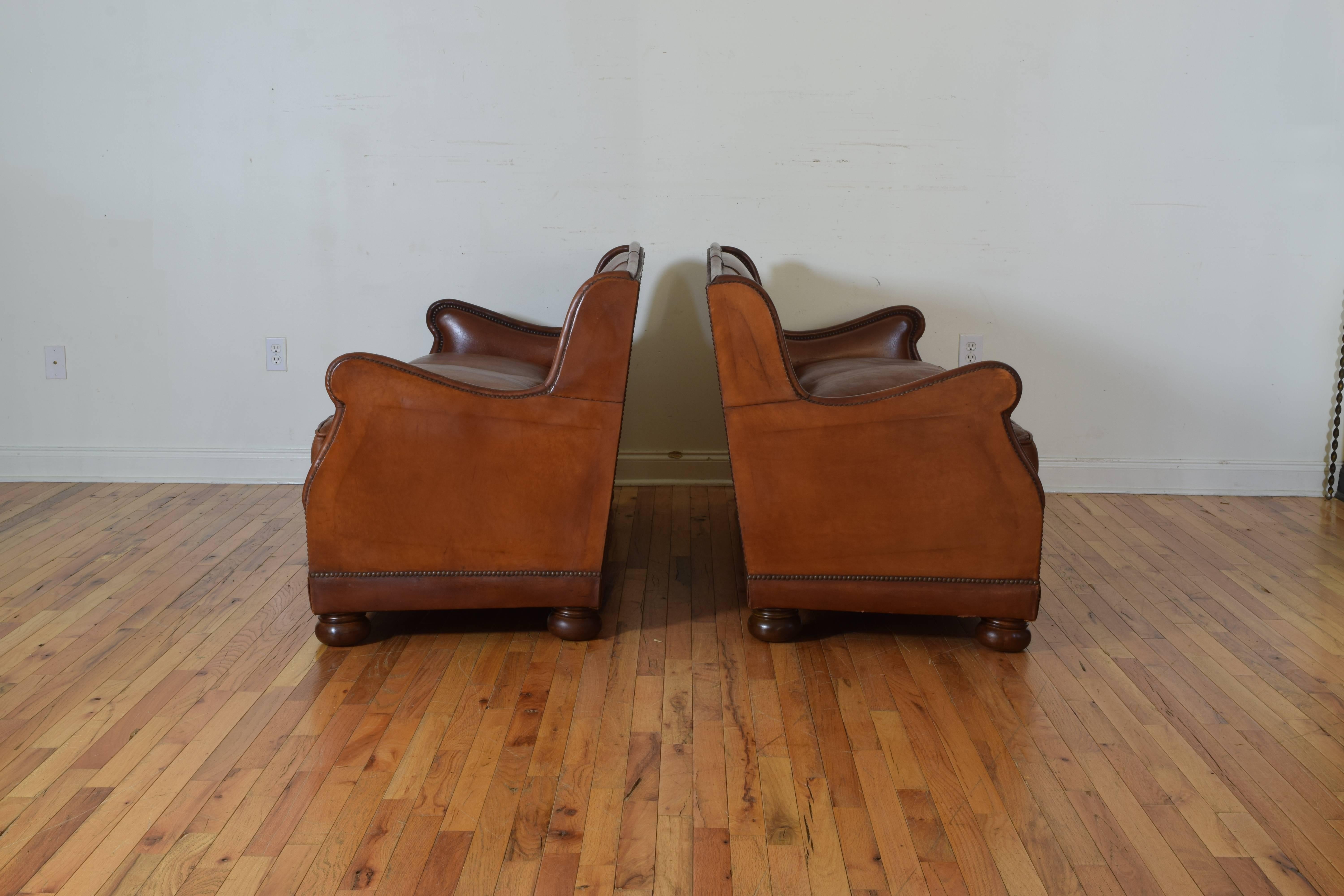 Pair of French Leather Sofas with Down Cushions, Mid-20th Century 2