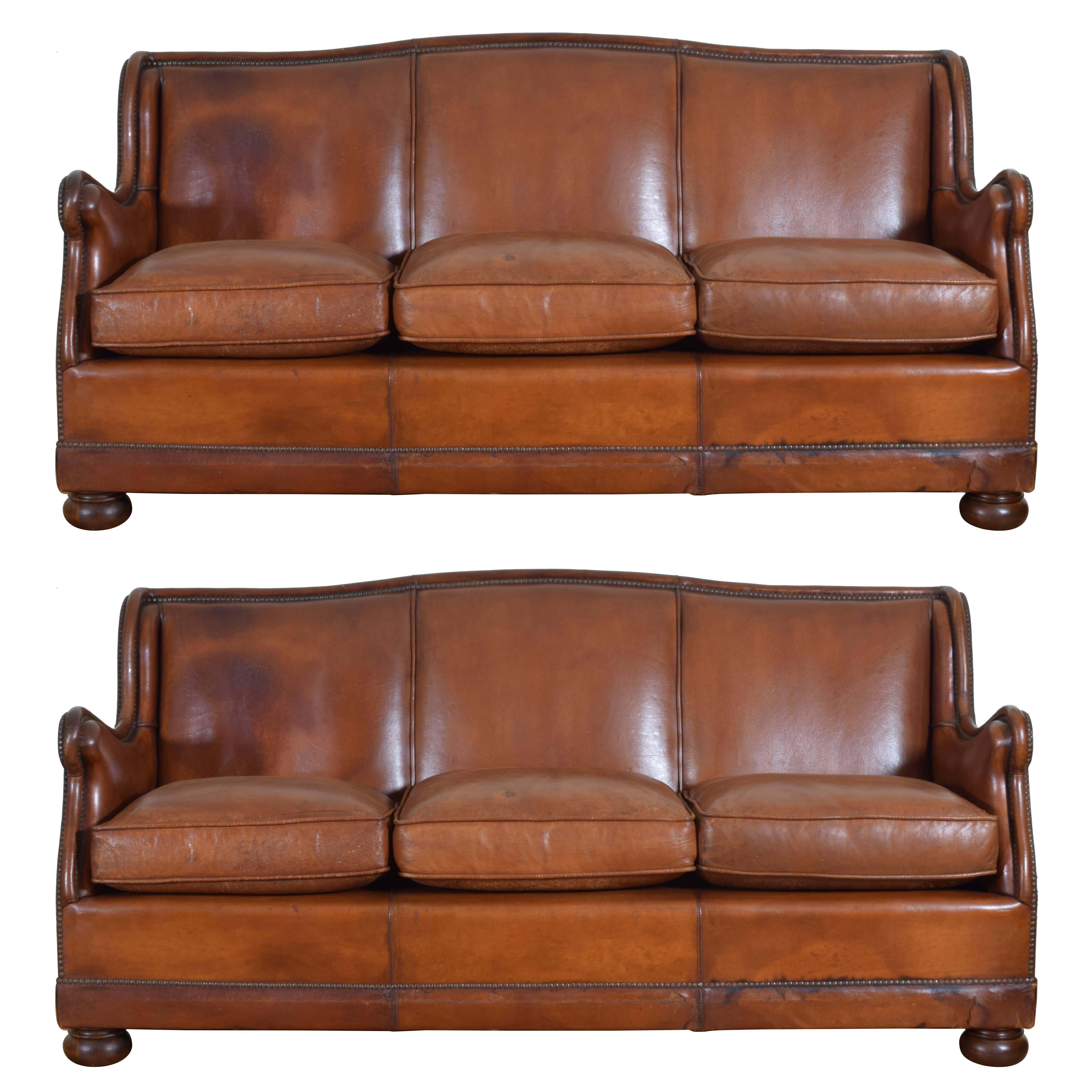 Pair of French Leather Sofas with Down Cushions, Mid-20th Century